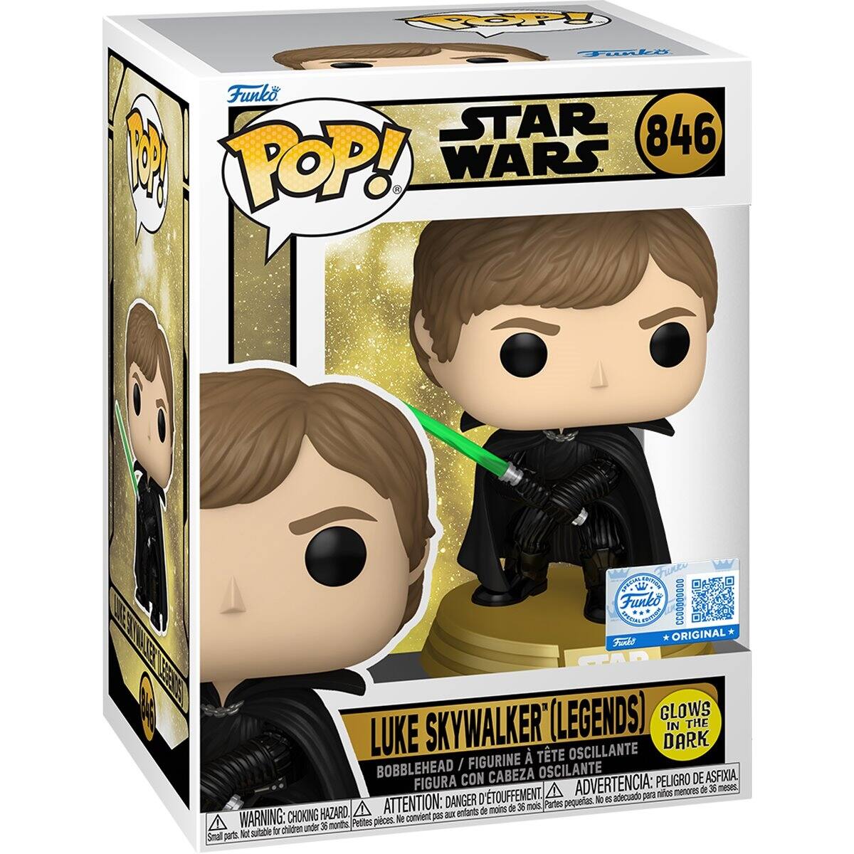 Funko POP! STAR WARS 846 Luke Skywalker (Legends) GLOWS IN THE DARK BOBBLEHEAD / FIGURINE OSCILLANTE FIGURA CON CABEZA OSCILANTE ADVERTENCIA: PELO DE ASFIXIA D'TOUFFEMENT. A ADVERTENCIA: adecuado para niños menores de 36 meses ATTENTION: DANGER D Partes pequeñas. No I5 de moins de 36 mois CHOKING HAZARD convient pas a entants WARNING: under 36 months Petites pices Ne convient pas aux enfants Small parts