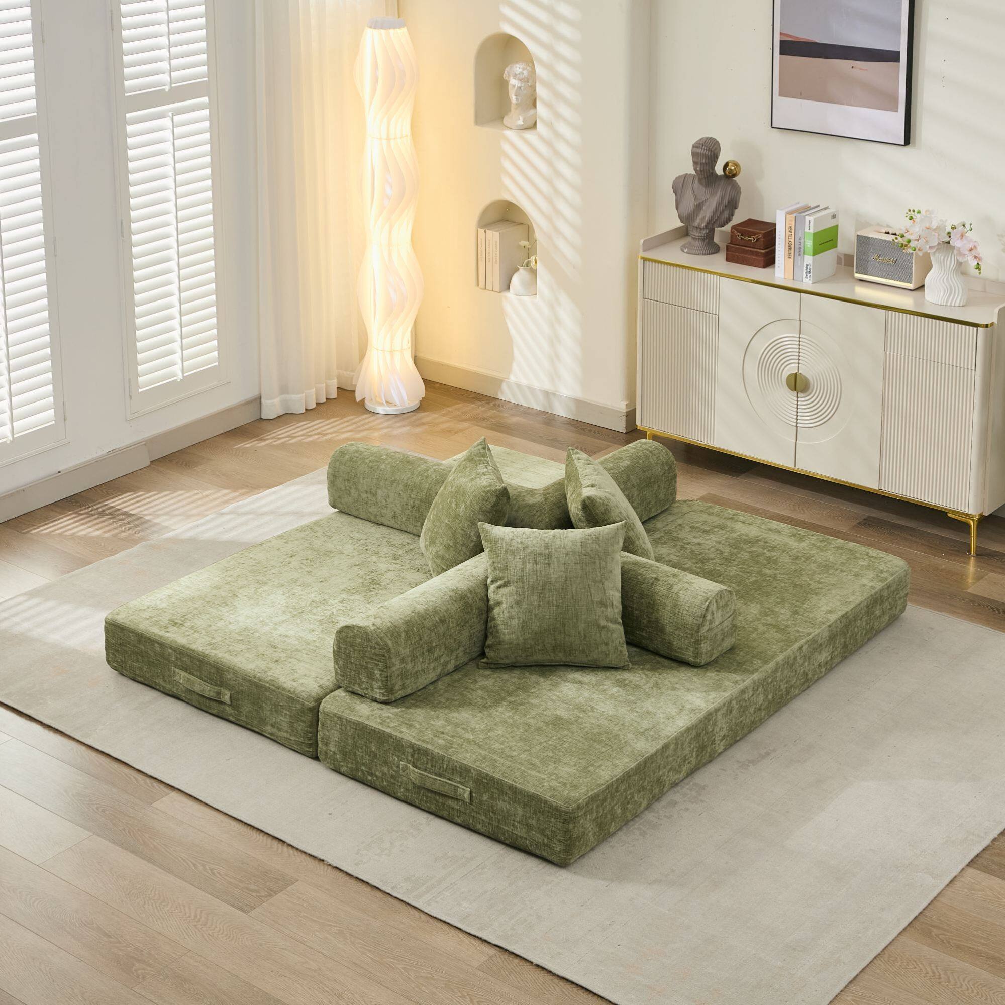 Angle. GOODSILO - Convertible Folding Floor Sofa Bed with Armrests for Living Room, Bedroom, and Studio Lounging - Green.