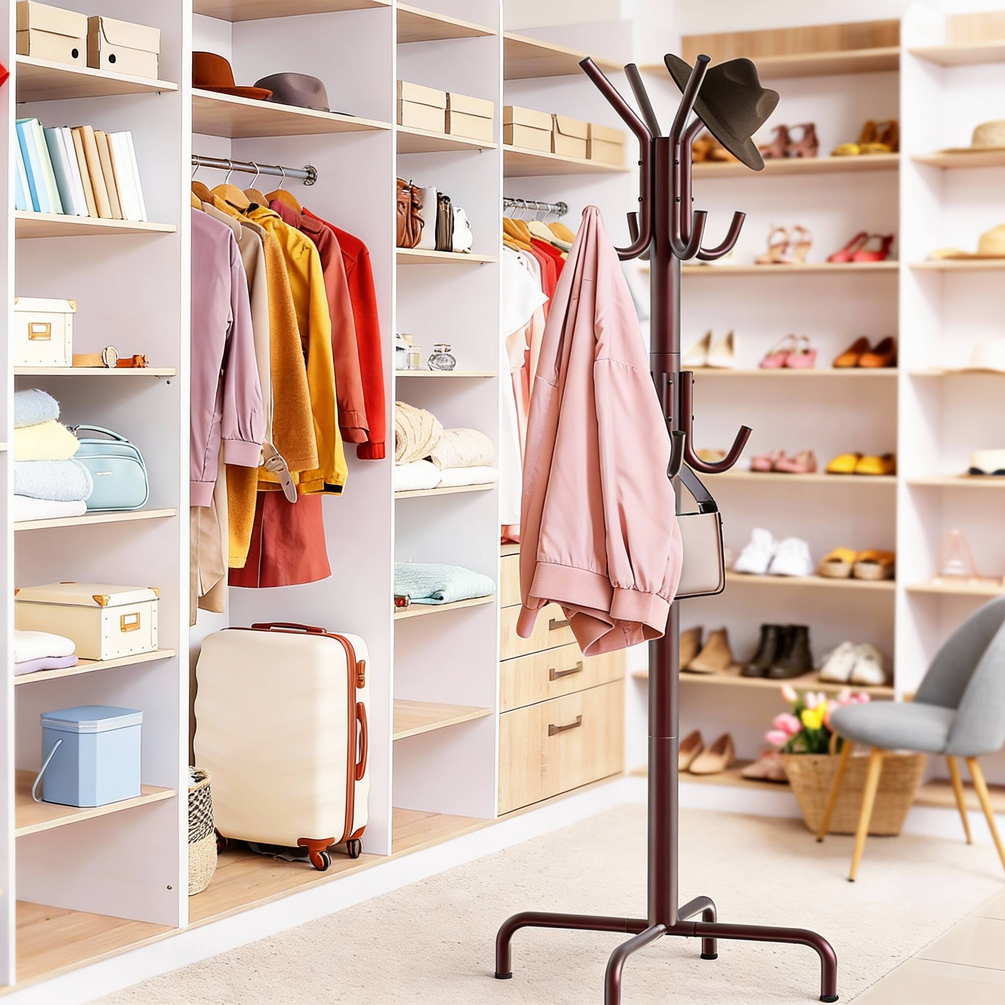 Alt View 3. Frangdom - Metal Standing Coat Rack with 12 Hooks Classic Finish - Bronze 15.3"D x 15.3"W x 72"H.