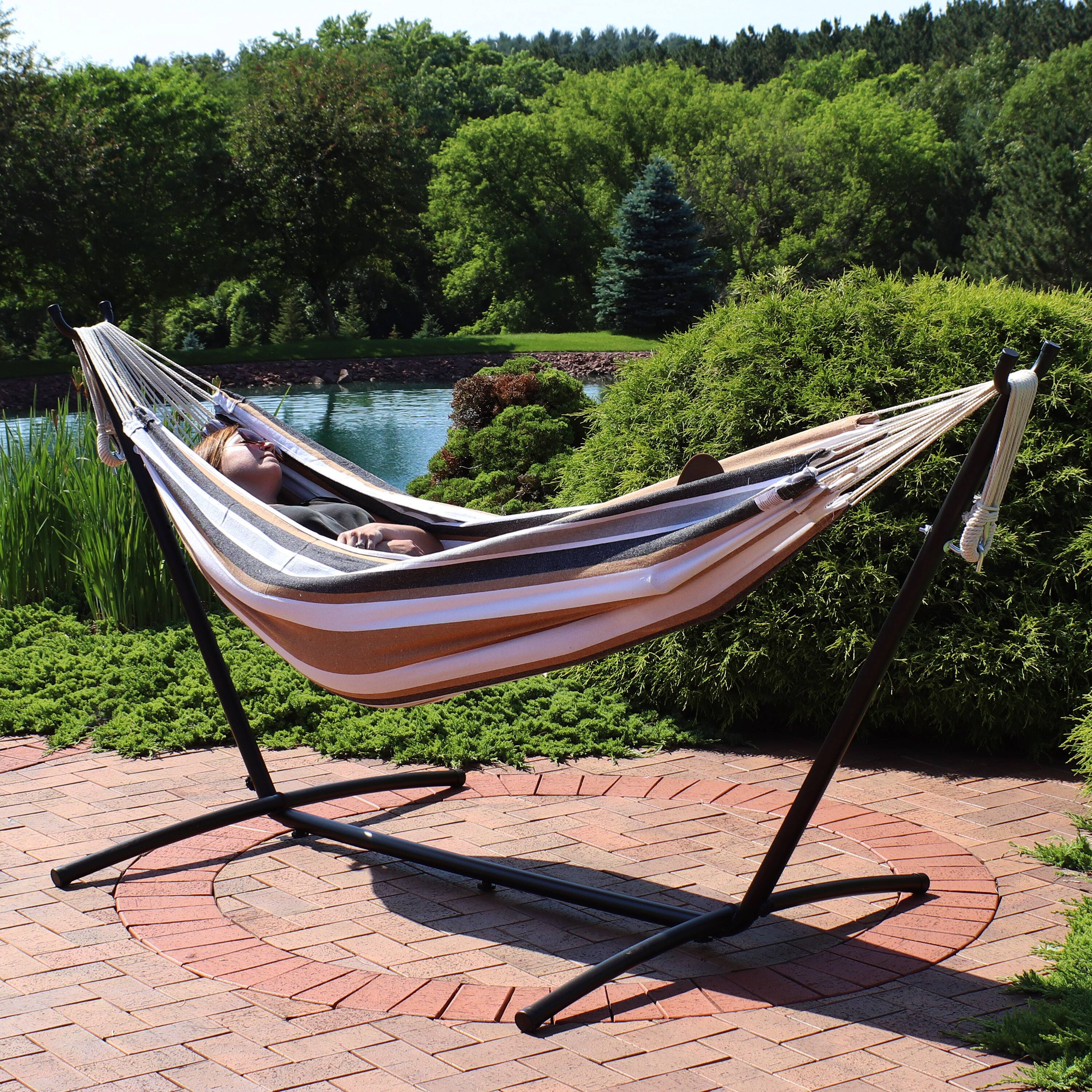 Alt View 3. Sunnydaze - Large Cotton Hammock with Steel Stand and Carrying Case - Calming Desert.