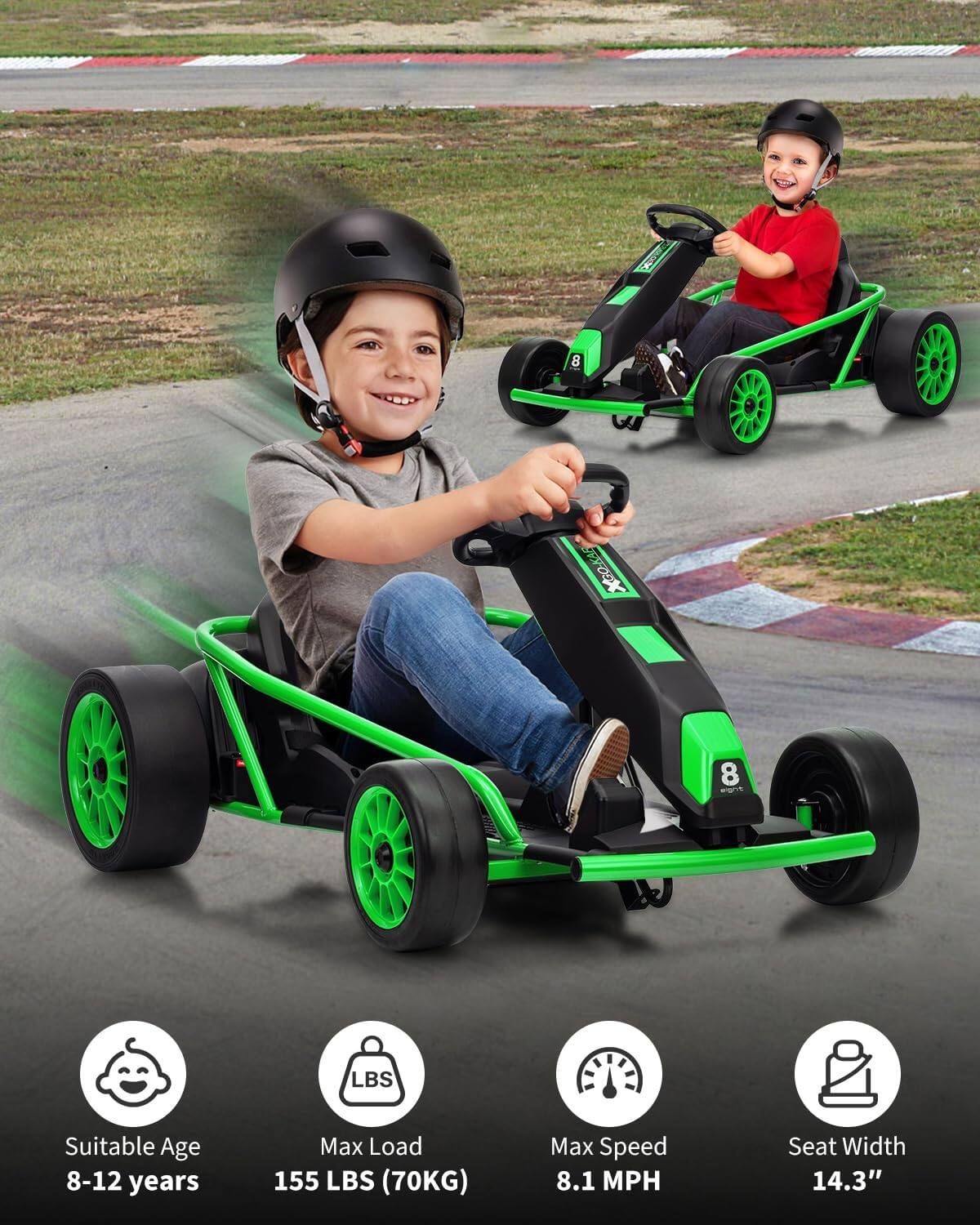 - Suitable Age: 8-12 years
- Max Load: 155 LBS (70KG)
- Max Speed: 8.1 MPH
- Seat Width: 14.3"