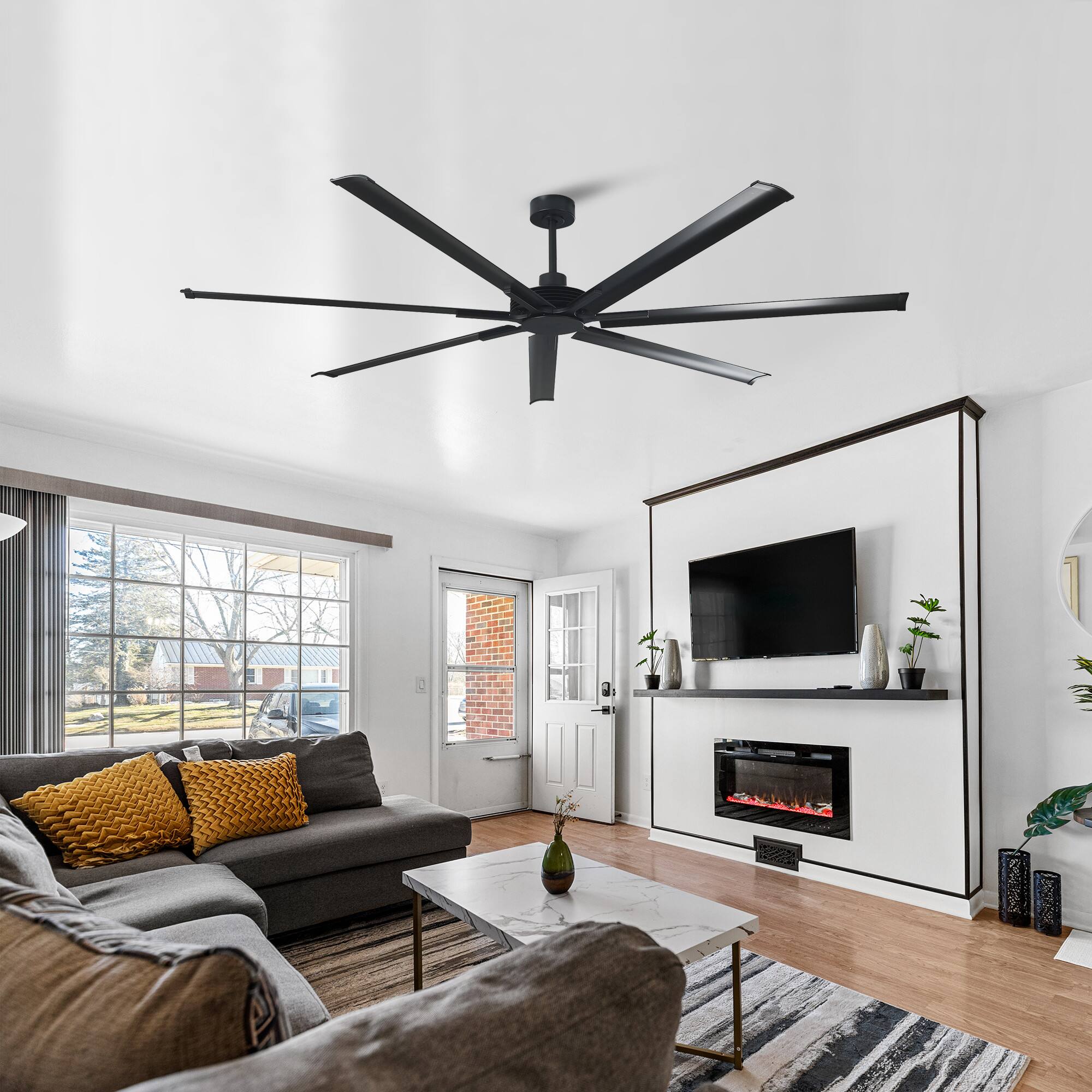 Alt View 1. Parrot Uncle - 100" Industrial Aluminum 7-Blade Black Extra Large Ceiling Fan with Remote - Matte Black.