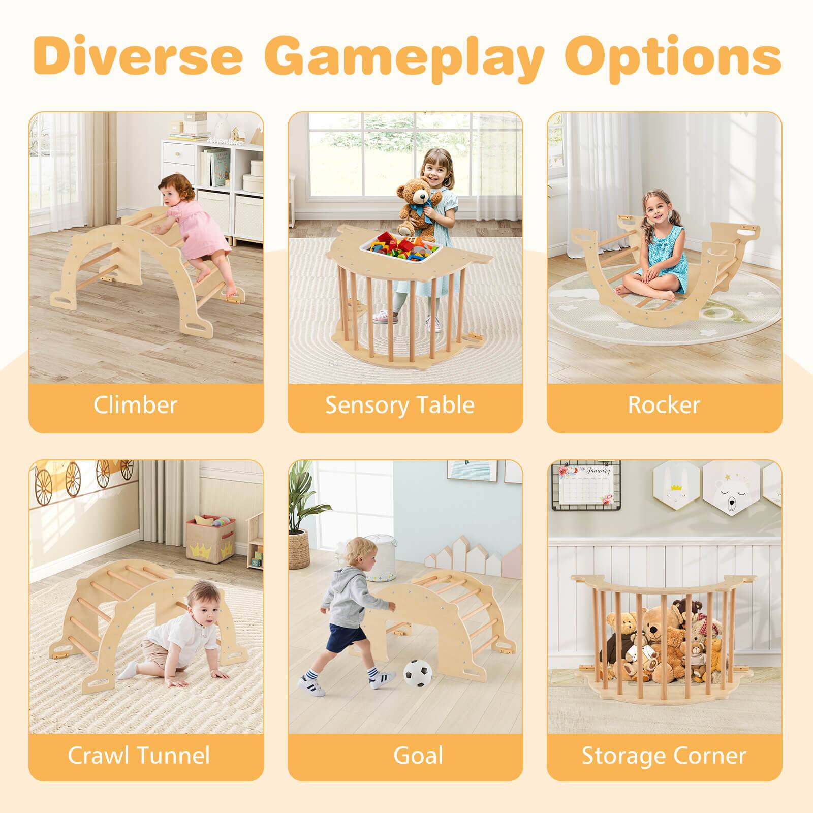 Diverse Gameplay Options

- Climber
- Sensory Table
- Rocker
- Crawl Tunnel
- Goal
- Storage Corner