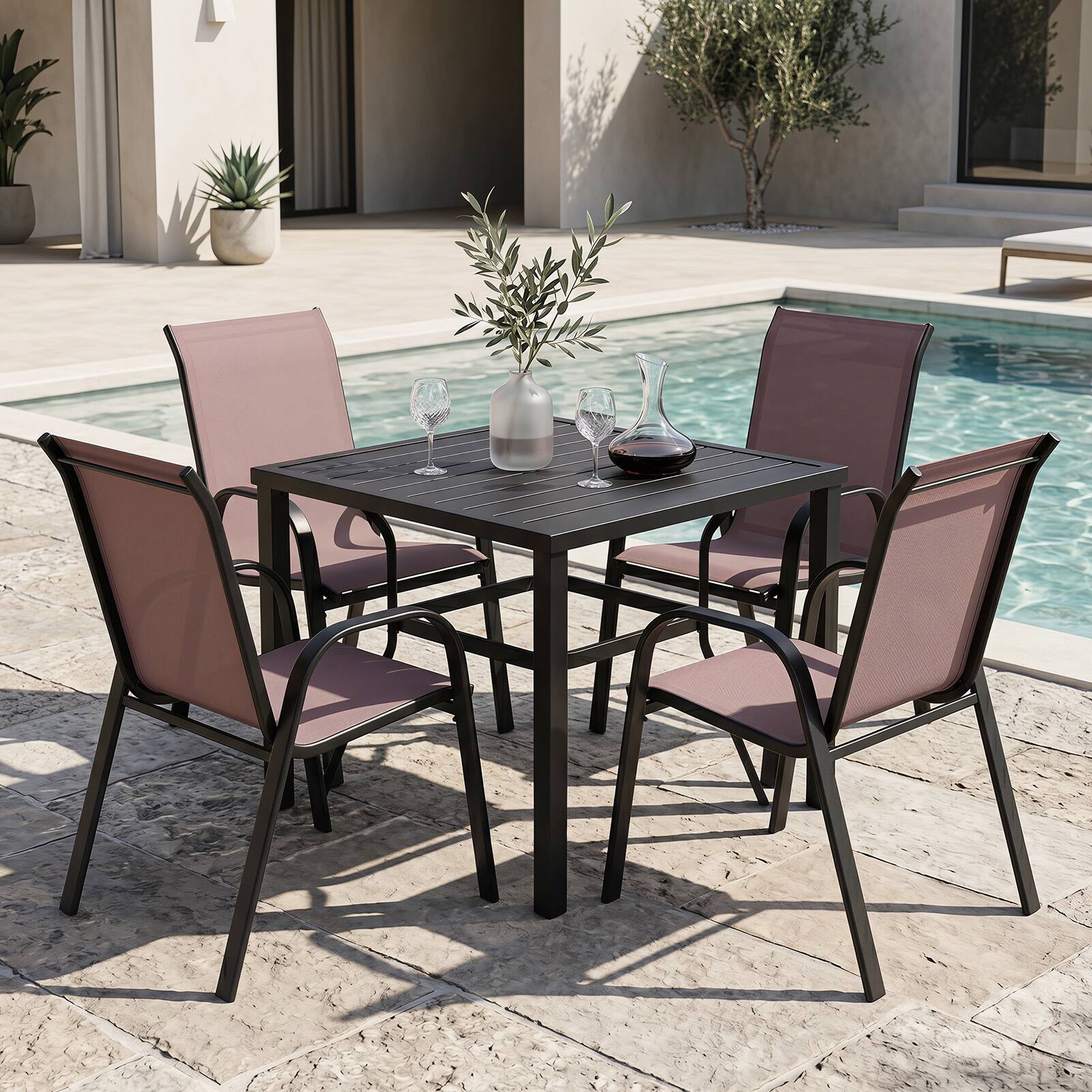 Alt View 5. Gymax - Gymax Set of 2 Patio Dining Chairs Stackable Armrest Space Saving Garden Black & Brown - Brown.