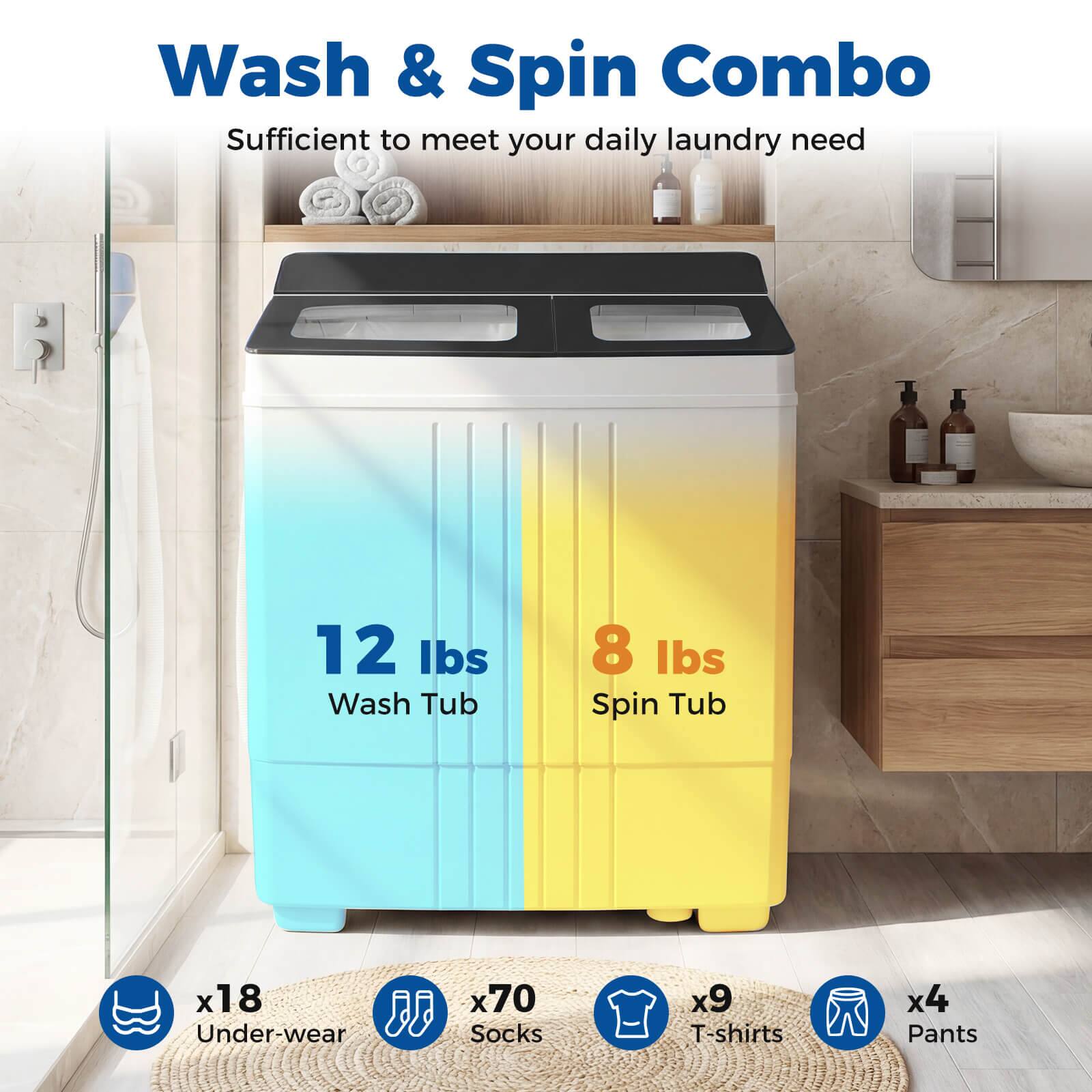 Wash & Spin Combo  
Sufficient to meet your daily laundry need  

12 lbs Wash Tub  
8 lbs Spin Tub  

x18 Underwear  
x70 Socks  
x9 T-shirts  
x4 Pants