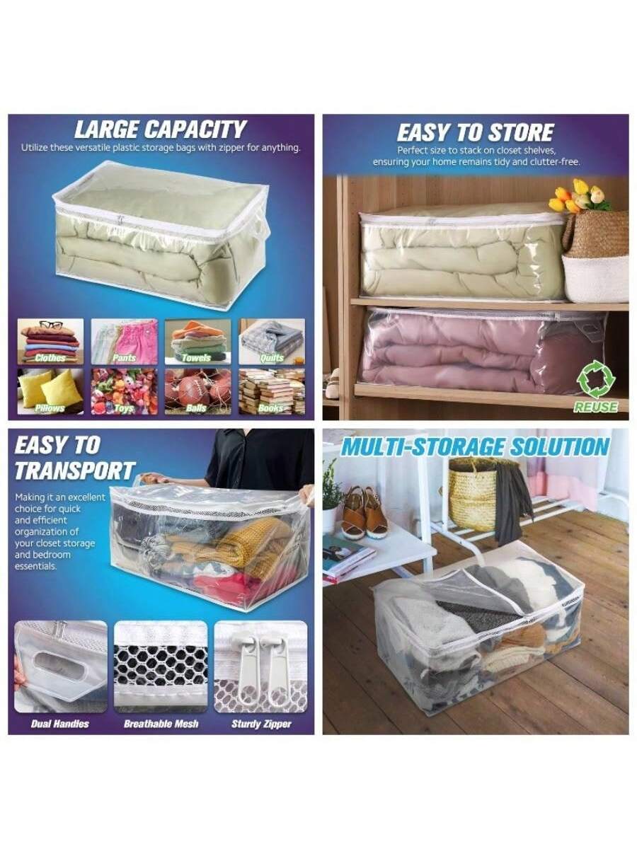 **LARGE CAPACITY**  
Utilize these versatile plastic storage bags with zipper for anything.

**EASY TO STORE**  
Perfect size to stack on closet shelves, ensuring your home remains tidy and clutter-free.

**EASY TO TRANSPORT**  
Making it an excellent choice for quick and efficient organization of your closet storage and bedroom essentials.

**MULTI-STORAGE SOLUTION**  
Dual Handles  
Breathable Mesh  
Sturdy Zipper  

**REUSE**