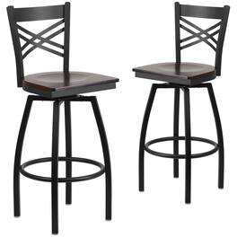 Emma + Oliver - 2 Pack "X" Back Swivel Metal Barstool - Walnut Wood Seat/Black Metal Frame