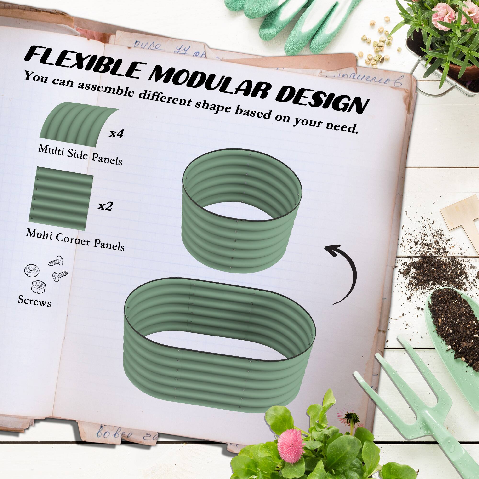 Dure Y RA FLEXIBLE DESIGN
You can assemble different shape based on your need.
x4 Multi Side Panels
x2 Multi Corner Panels
Screws
