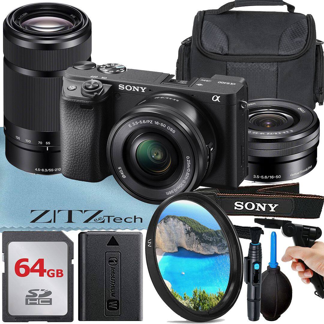 Sure, here is the corrected and grouped text from the image:

---

**SONY**

- E 3.5-5.6/PZ 16-50 OSS
- 4.5-6.3/55-210

**ZITZ eTech**

- 64GB SDHC

**Additional Items:**
- UV Filter
- Cleaning Tools

**Camera Accessories:**
- Camera Bag
- Strap

**Lens Specifications:**
- 16-50mm
- 55-210mm

**Other Details:**
- 0.25m/0.82ft
- 3.5-5.6/16-50
- 4.5-6.3/55-210

---

This groups the text into relevant categories and corrects any errors.