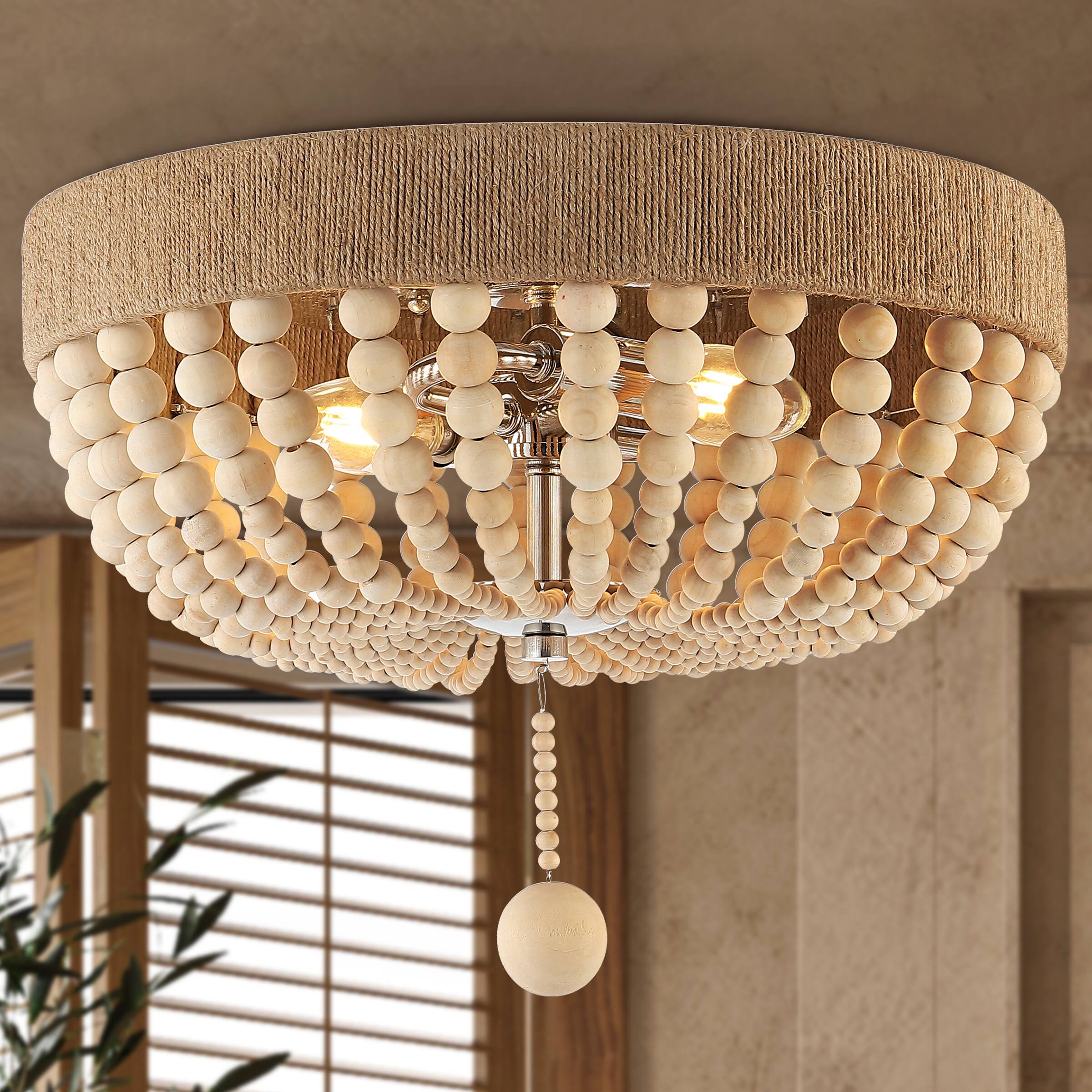 Alt View 1. Jonathan Y - Justina Wood Bead 14" 2-Light Farmhouse Bohemian Iron LED Flush Mount, Light Taupe/Chrome - Light Taupe.