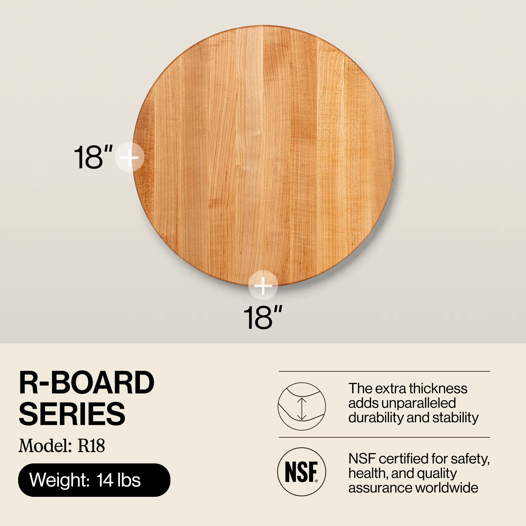 18" + 18" R-BOARD SERIES  
Model: R18  
Weight: 14 lbs  

The extra thickness adds unparalleled durability and stability  
NSF certified for safety, health, and quality assurance worldwide