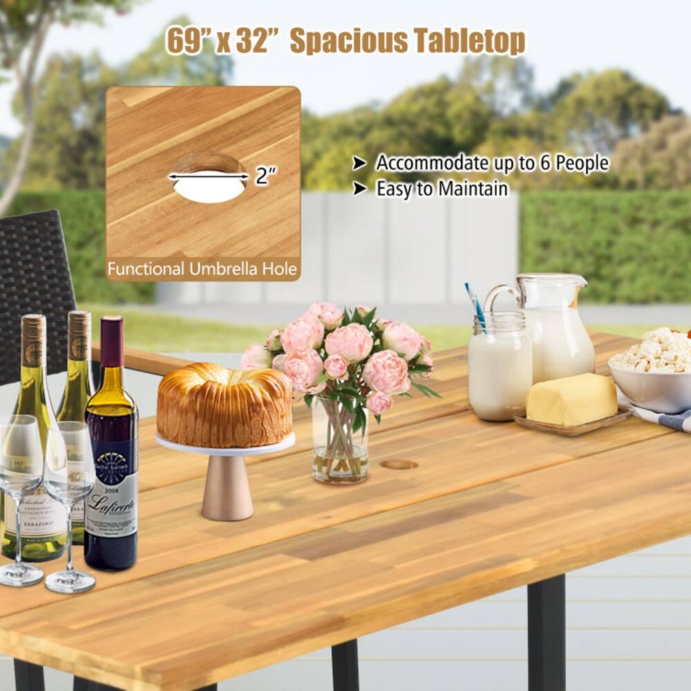 69" x 32" Spacious Tabletop  
2"  
Accommodate up to 6 People  
Easy to Maintain  
Functional Umbrella Hole
