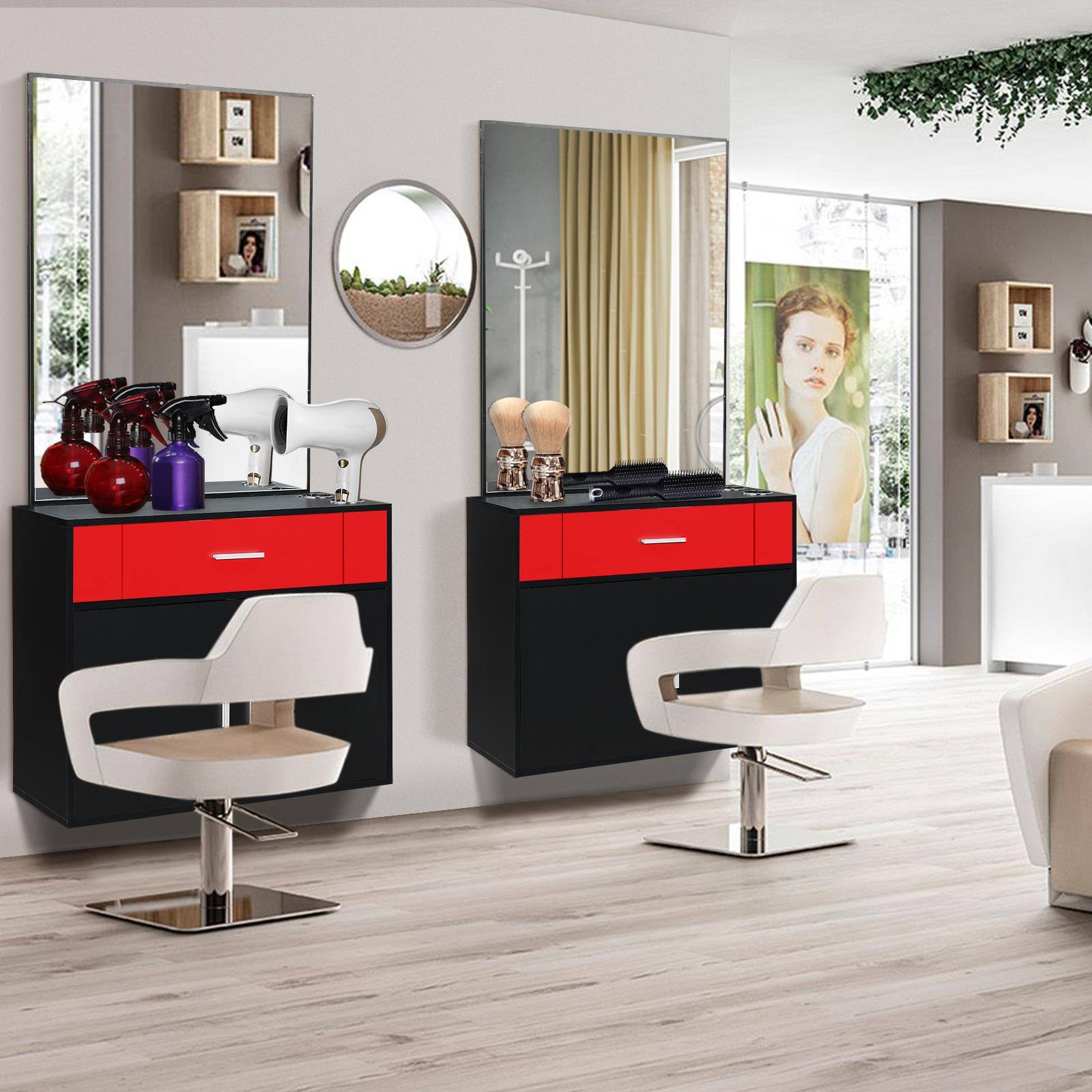 Alt View 6. Winado - Wall Mount Salon Cabinet Barber Stations with Mirror Barber Beauty Spa Equipment - Black & Red.