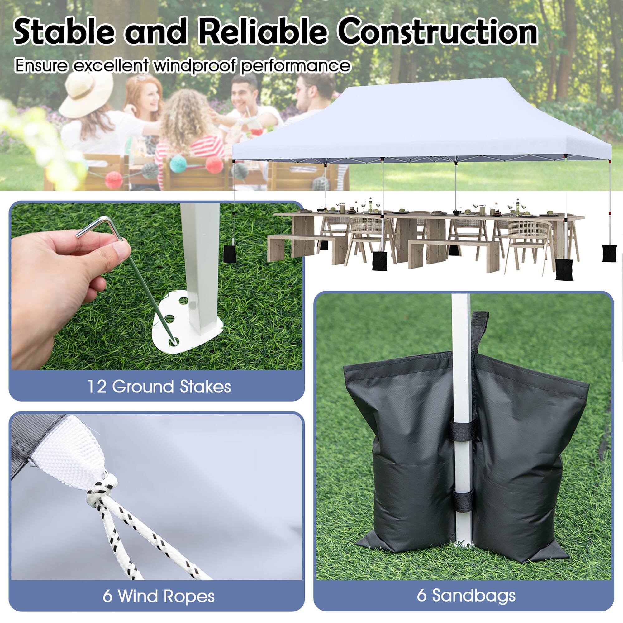 Stable and Reliable Construction ensures excellent windproof performance. It includes 12 ground stakes, 6 wind ropes, and 6 sandbags.