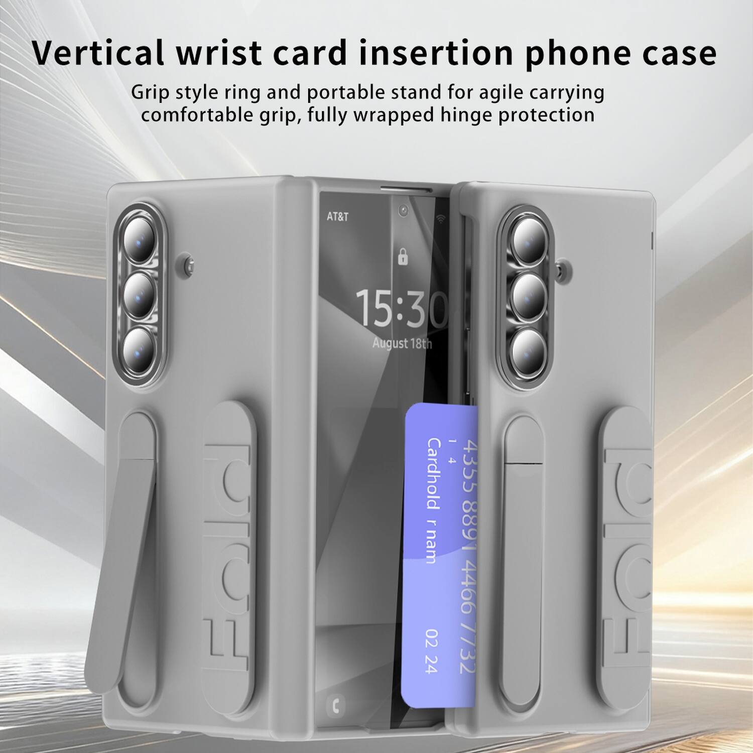 Vertical wrist card insertion phone case  
Grip style ring and portable stand for agile carrying comfortable grip, fully wrapped hinge protection  
AT&T  
15:30  
August 18th  
Cardhold rnam  
4355 8891 4466 02 24 7732