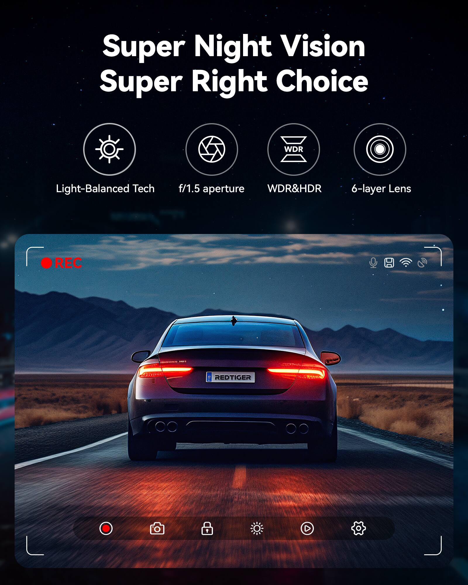 Super Night Vision  
Super Right Choice  

Light-Balanced Tech  
f/1.5 aperture  
WDR&HDR  
6-layer Lens  

REC a REDTIGER