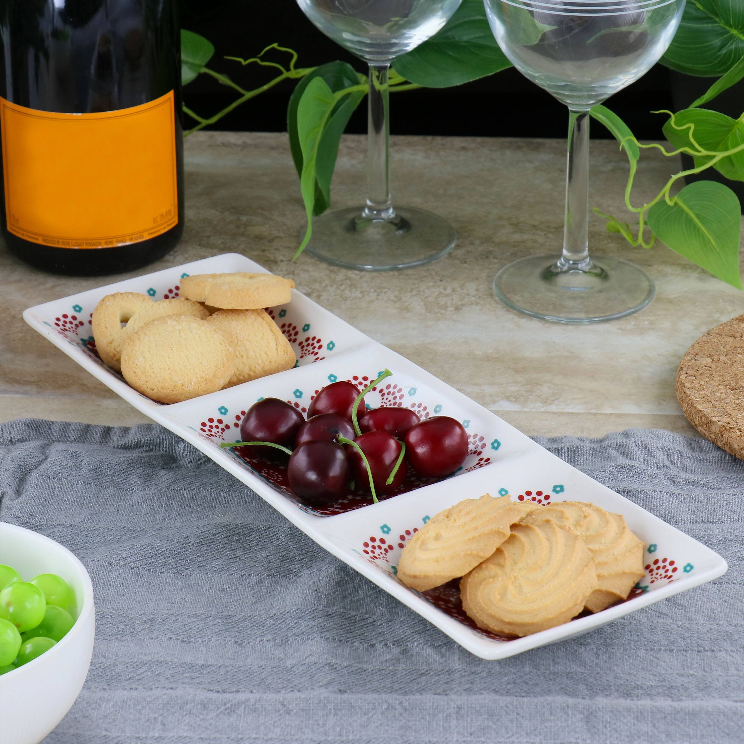 Alt View 5. Gibson - Gibson Home Village Vines 13.5 Inch Ceramic Rectangular 3 Section Tray in Red - Red.