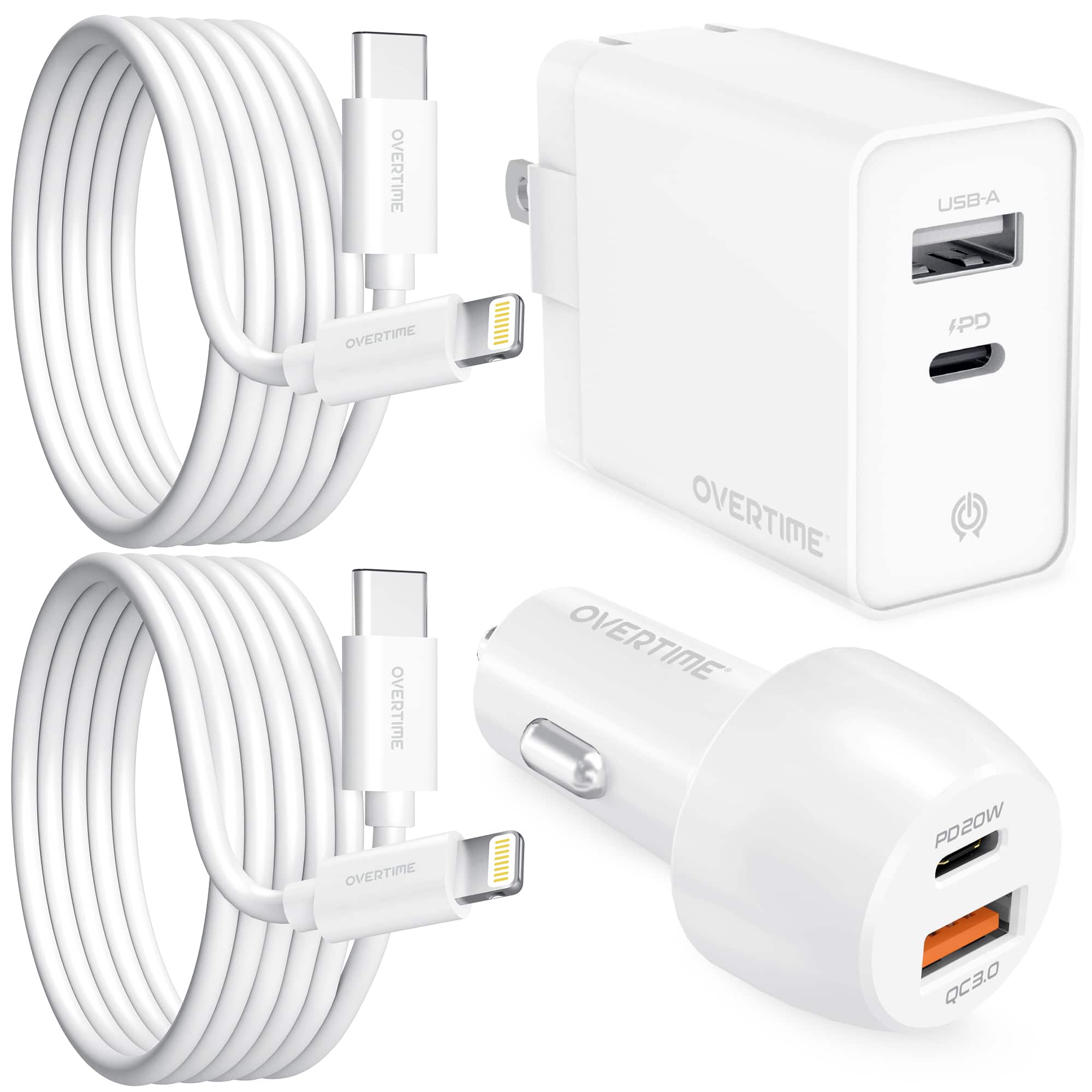 Overtime - Fast Charger Kit with Dual Port Wall Charger, Car Charger and Two 10FT USB C to Lightning Cables, White - White price history on PriceWatchPro