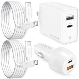 Overtime - Fast Charger Kit with Dual Port Wall Charger, Car Charger and Two 10FT USB C to Lightning Cables, White - White