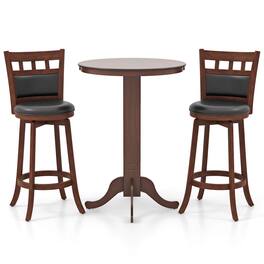 Costway - 3 PCS Wood Bar Dining Set Table with Pedestal Base & 2 Upholstered Swivel Stools - Brown