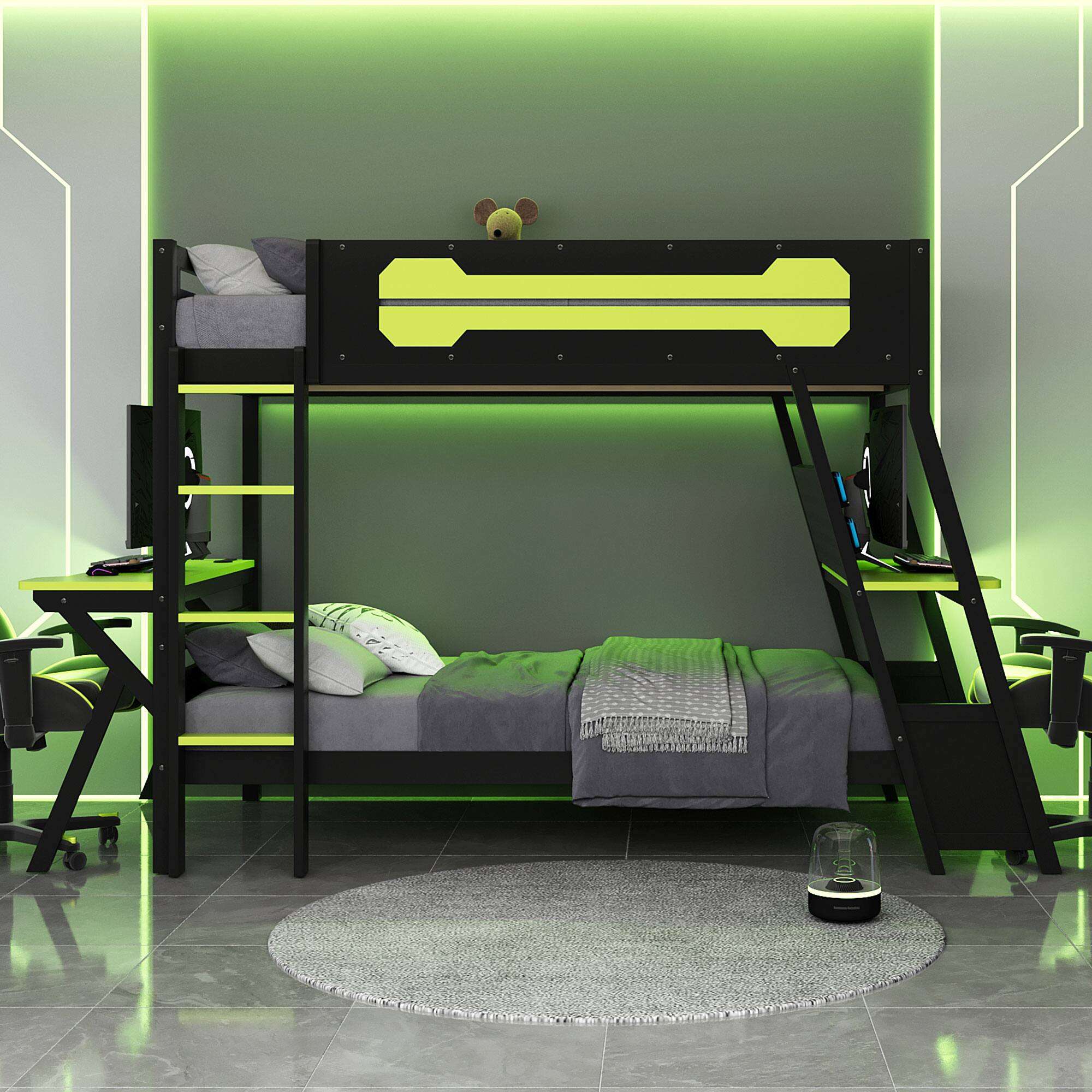 Left. Anysun - Twin Size Bunk Bed with Two Built-In Gaming Desks, USB Desktop Ports & Pegboard Organizer, Gaming Bunk Frame for Gamer - Green.