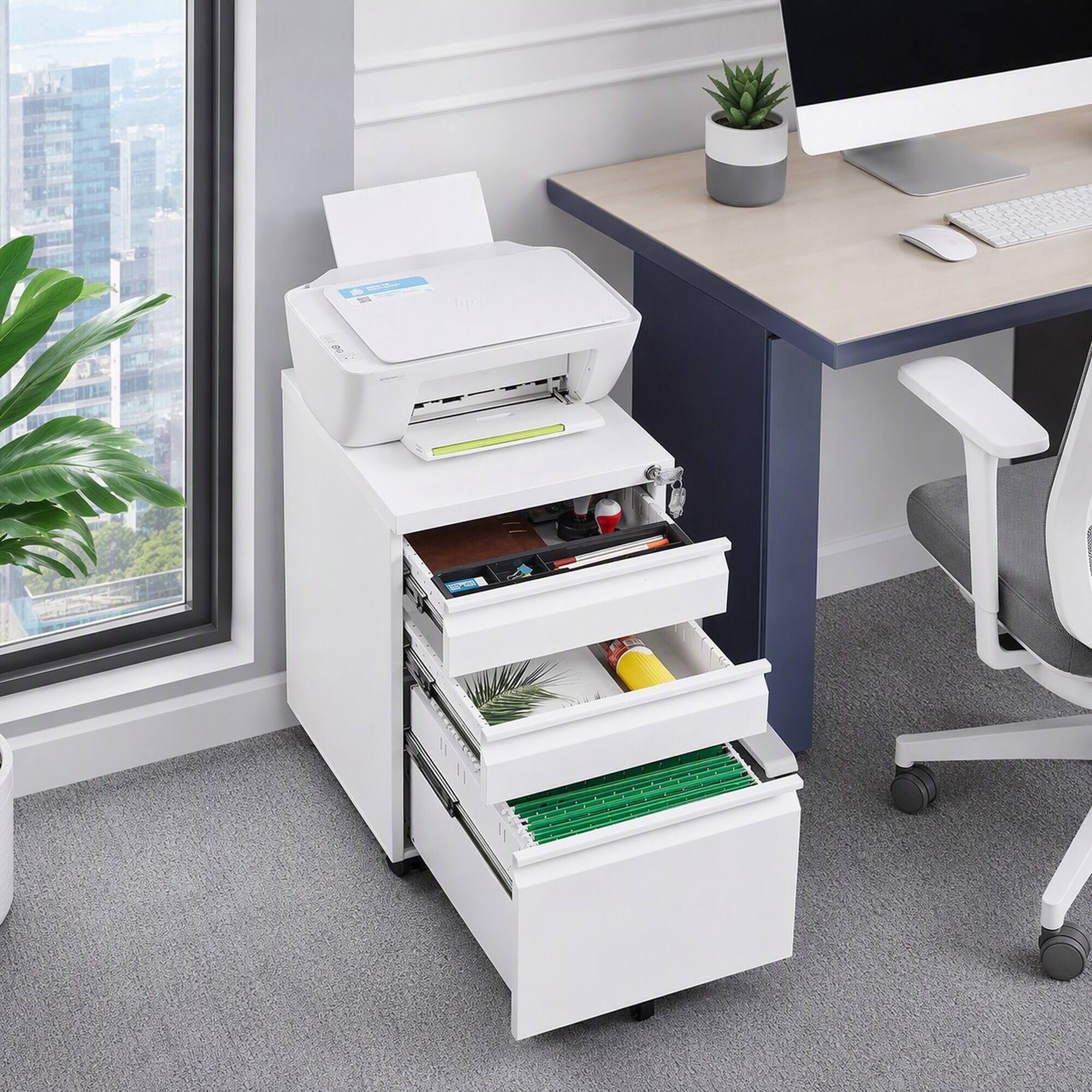 Left. RYHNUYNE - 3-Drawer White Metal Mobile Filing Cabinet-Legal Letter Sized Office Storage Filing Cabinet with Lock - White.