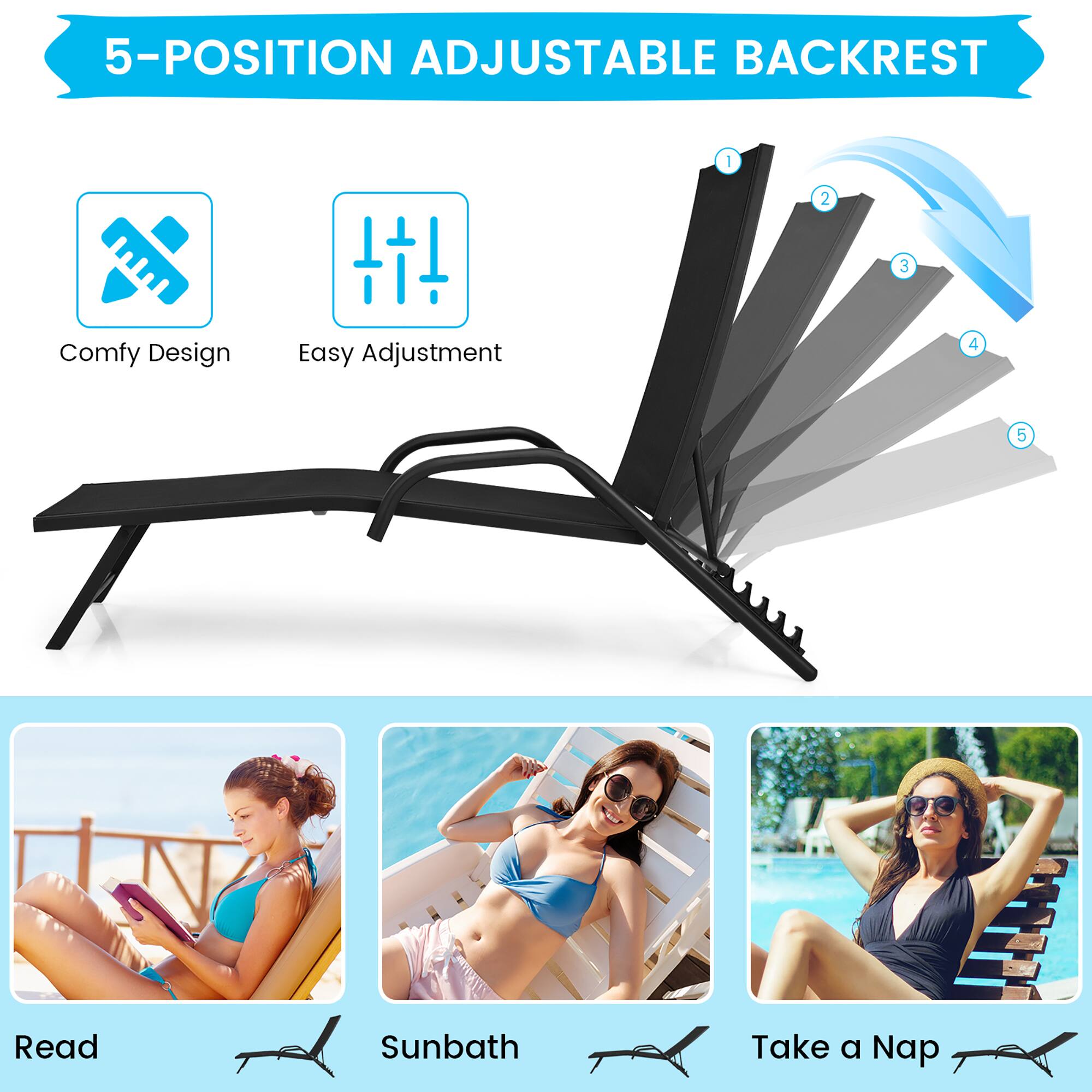 5-POSITION ADJUSTABLE BACKREST, Comfy Design, Easy Adjustment, Read, Sunbath, Take a Nap