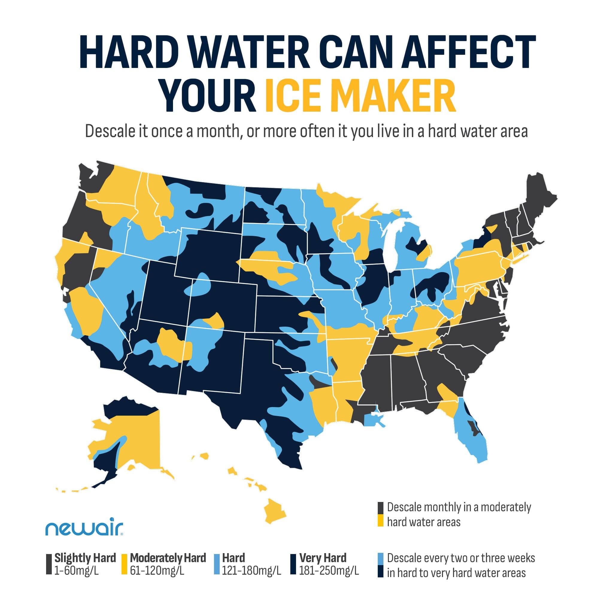 HARD WATER CAN AFFECT YOUR ICE MAKER

Descaling it once a month, or more often if you live in a hard water area

newair

Slightly Hard: 1-60mg/L  
Moderately Hard: 61-120mg/L  
Hard: 121-180mg/L  
Very Hard: 181-250mg/L

Descaling monthly in a moderately hard water area  
Descaling every two or three weeks in hard to very hard water areas