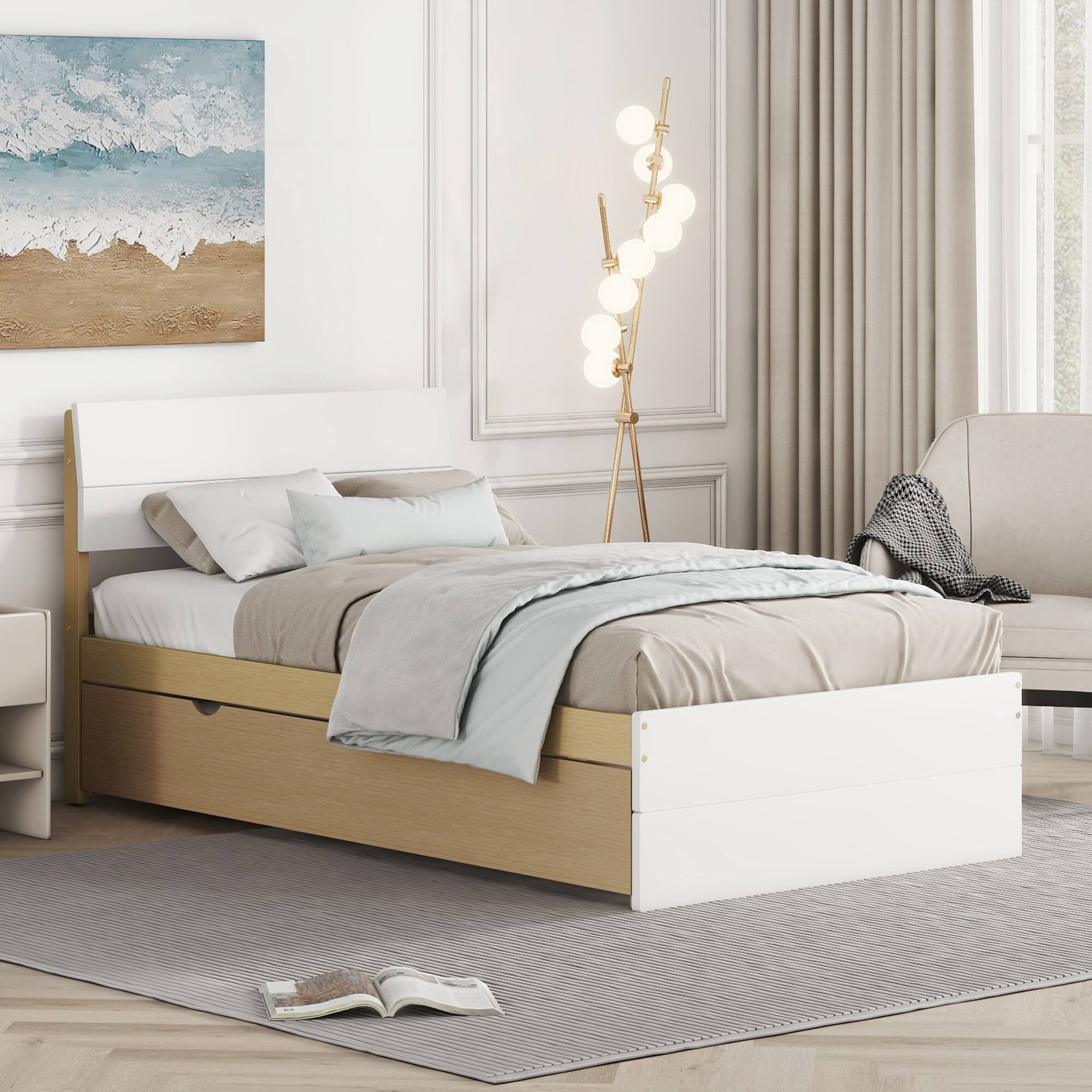 Left. GOODSILO - Contemporary Twin Bed Frame with Trundle Featuring High Gloss Headboard and Footboard - White+Light Oak.