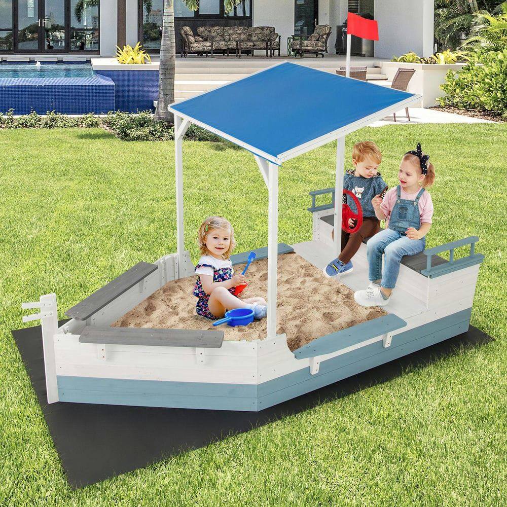 Angle. Resenkos - Pirate Ship Sandbox with Canopy, Bench Seats & Bottom Liner - Creative Outdoor Play Toy for Kids - White.