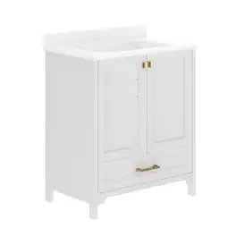 Flash Furniture - Haven 30" Bathroom Vanity with Sink, Storage Cabinet with Gold Hardware, Soft Close Doors and Bottom Drawer, Carrara Mar - White