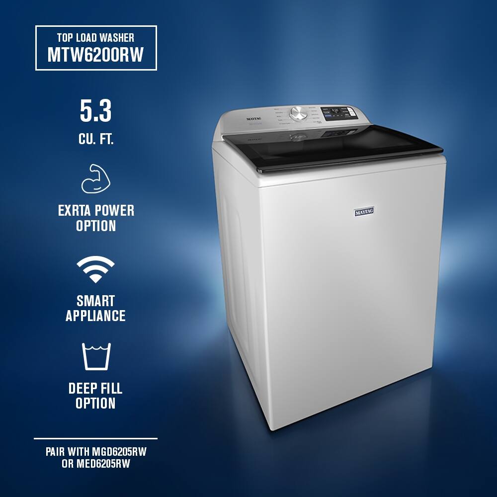 TOP LOAD WASHER  
MTW6200RW  

5.3 CU. FT.  

EXTRA POWER OPTION  

SMART APPLIANCE  

DEEP FILL OPTION  

PAIR WITH MGD6205RW OR MED6205RW