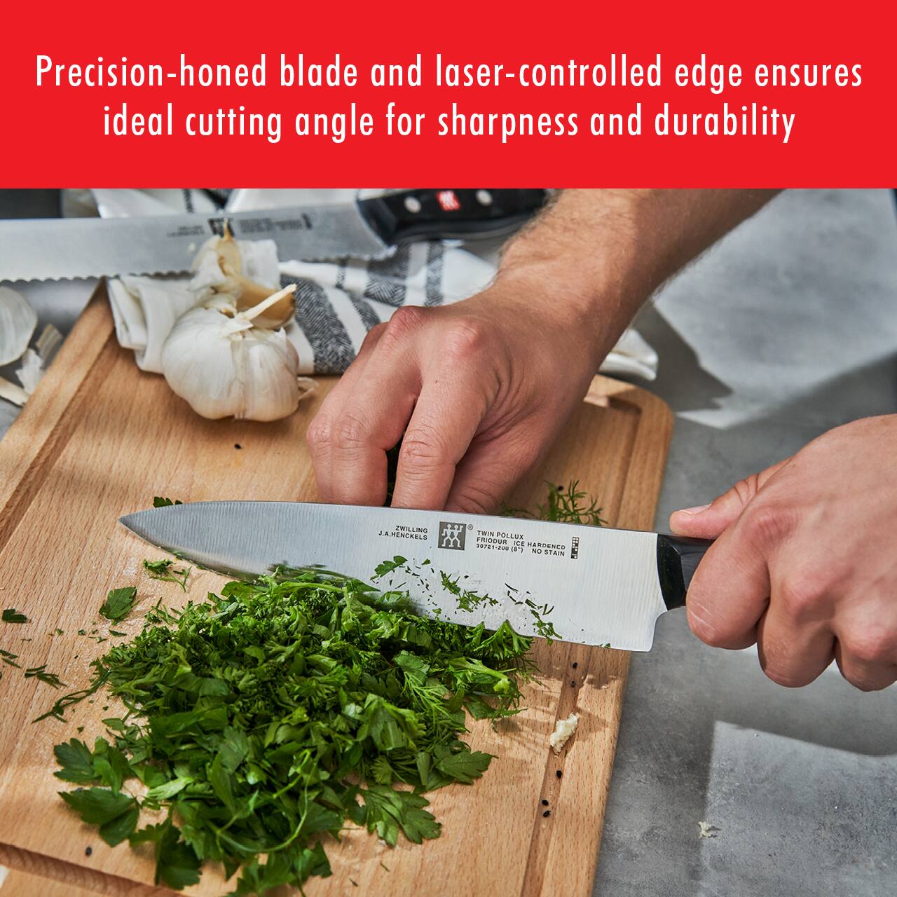 Precision-honed blade and laser-controlled edge ensures ideal cutting angle for sharpness and durability
