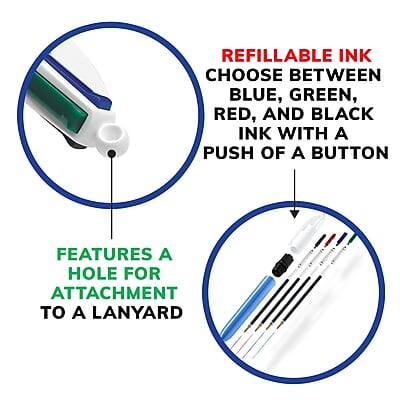 REFILLABLE INK  
CHOOSE BETWEEN BLUE, GREEN, RED, AND BLACK INK WITH A PUSH OF A BUTTON  

FEATURES A HOLE FOR ATTACHMENT TO A LANYARD