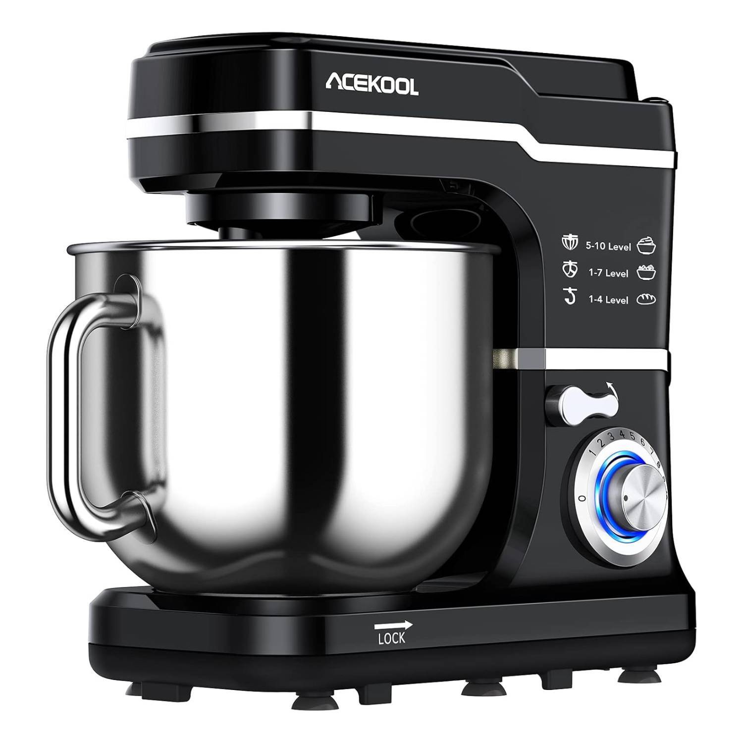 Acekool - 7.5QT Tilt-Head Electric Stand Mixer with Mixing Bowl, Flat Beater, Egg Whisk for Baking, Cake - Black