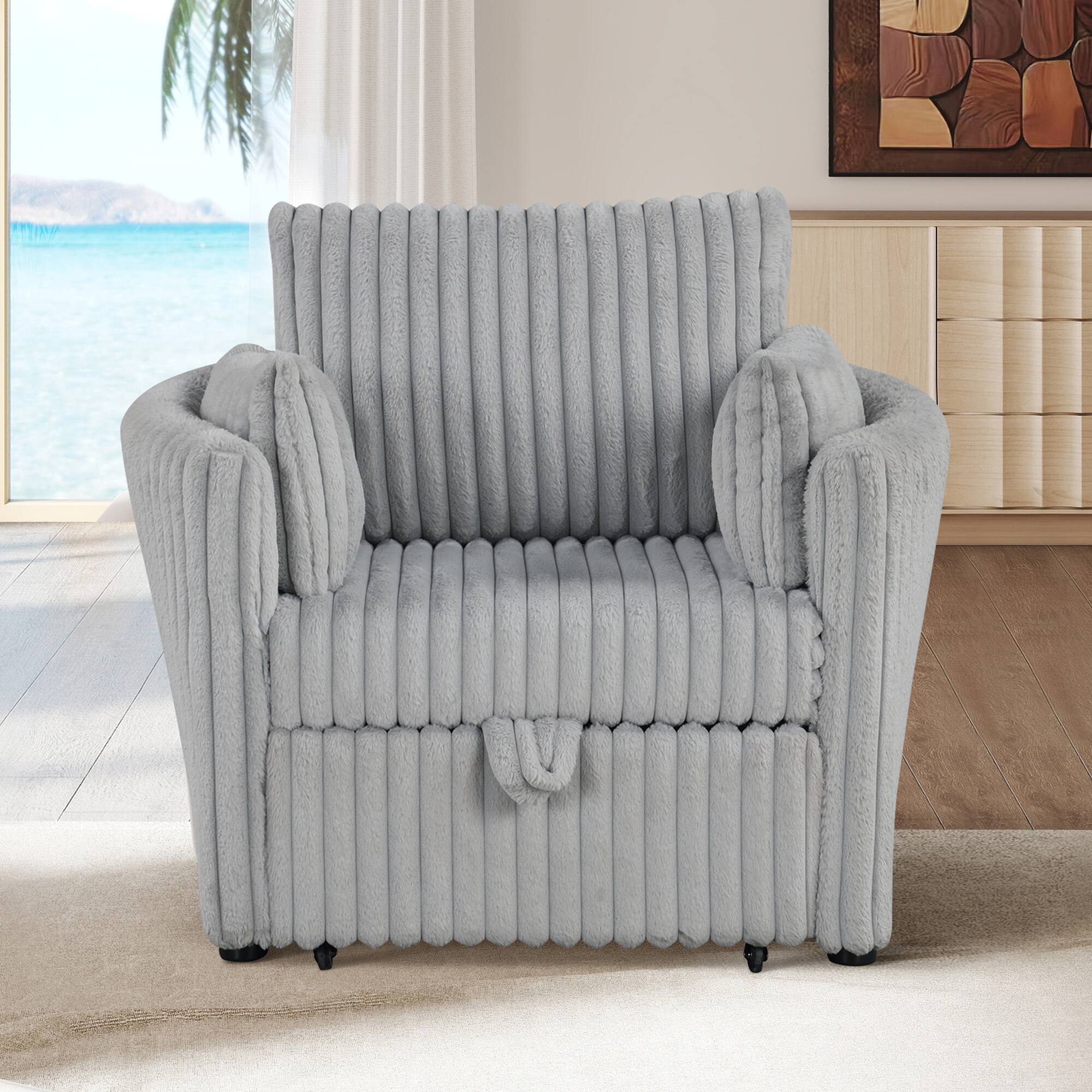 Angle. Aukfa - Pull Out Sofa Bed with 2 Pillows, Single Sofa Chair with USB Ports, Pillow Back - Light Gray.