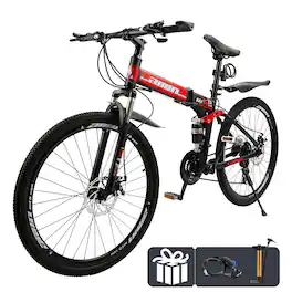 Topteng - 26" 21-Speed Folding Mountain Bike- Full Suspension,Disc Brakes,High-Carbon Steel Frame, Adult All-Terrain Bicycle Red - Black&Red