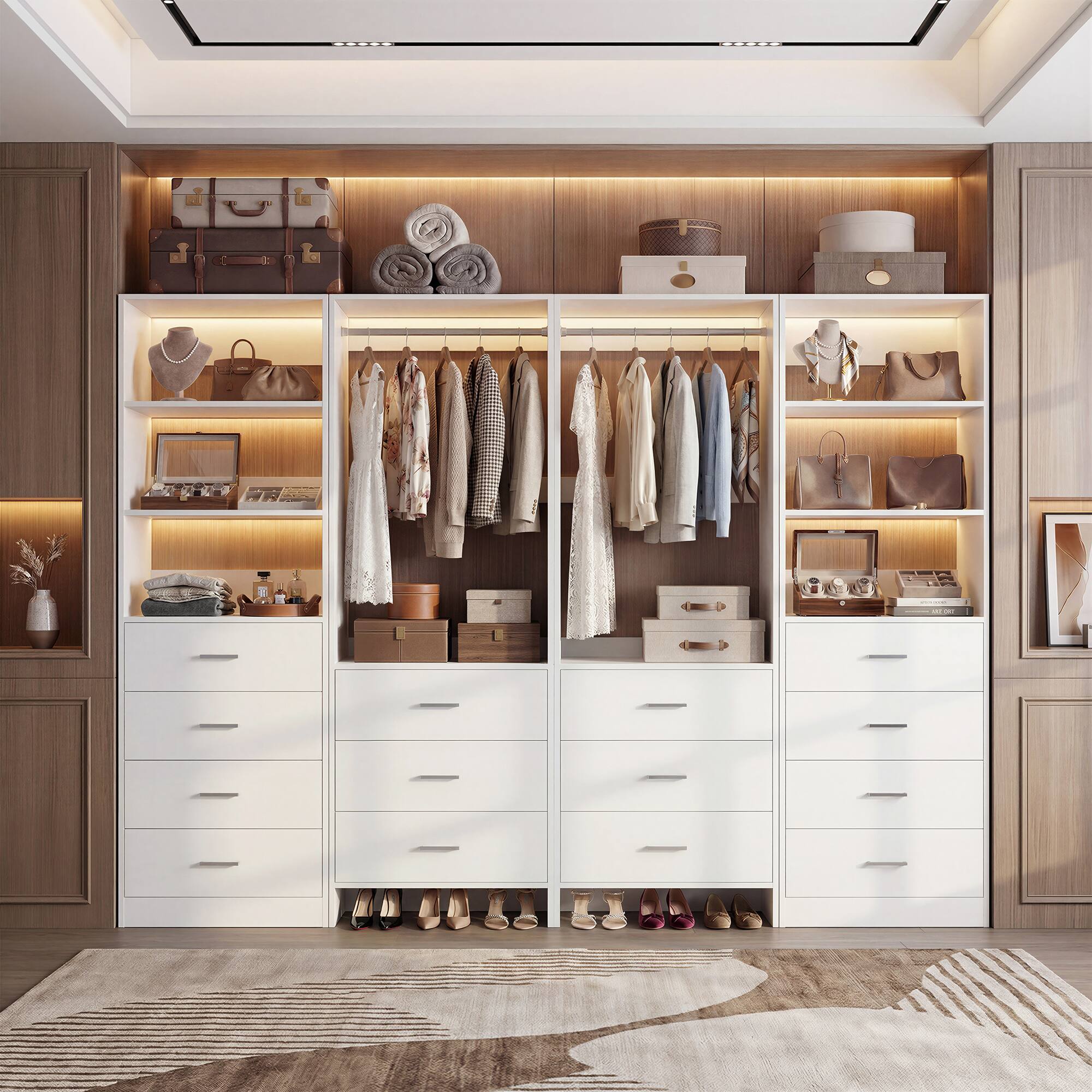 Back. Aheaplus - 90'' Walk-in Closet Organizer System with 14 Drawers, 2 Hanging Rods and Adjustable Shelves - White.
