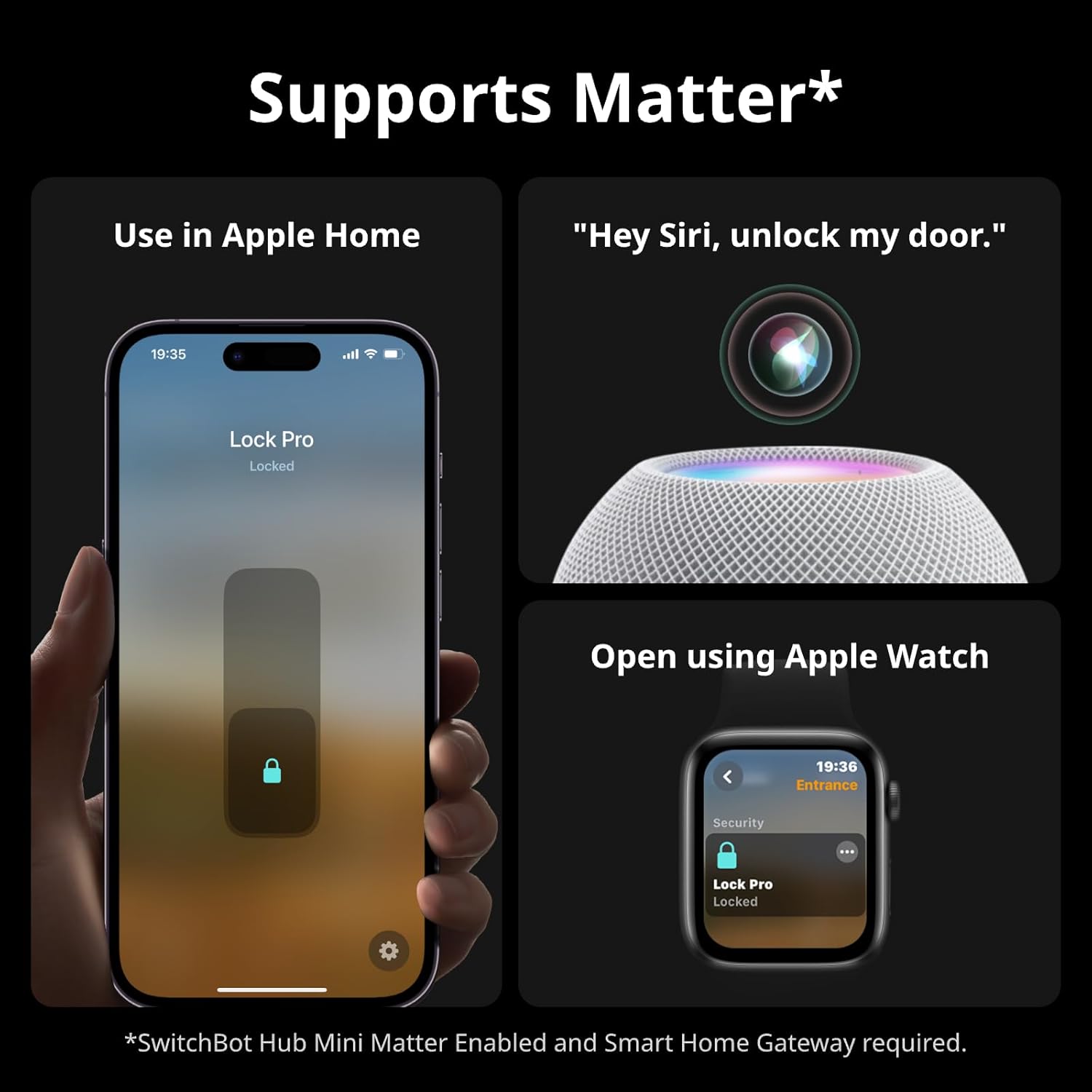 Supports Matter* Use in Apple Home "Hey Siri, unlock my door." 19:35 List Lock Pro Locked Open using Apple Watch 19:36 Entrance Security ... Lock Pro Locked *SwitchBot Hub Mini Matter Enabled and Smart Home Gateway required.