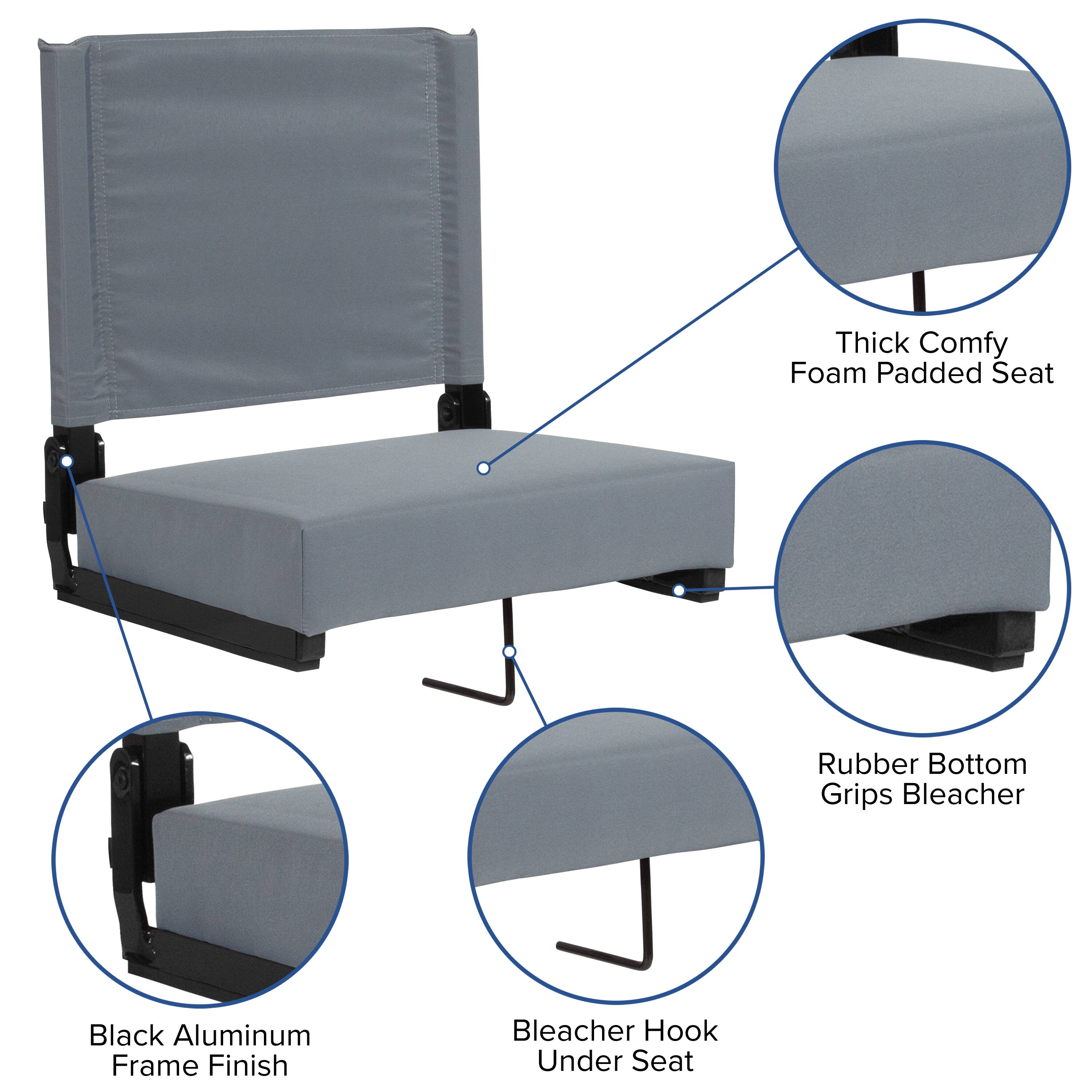 Thick Comfy Foam Padded Seat  
Rubber Bottom Grips Bleacher  
Black Aluminum Frame Finish  
Bleacher Hook Under Seat
