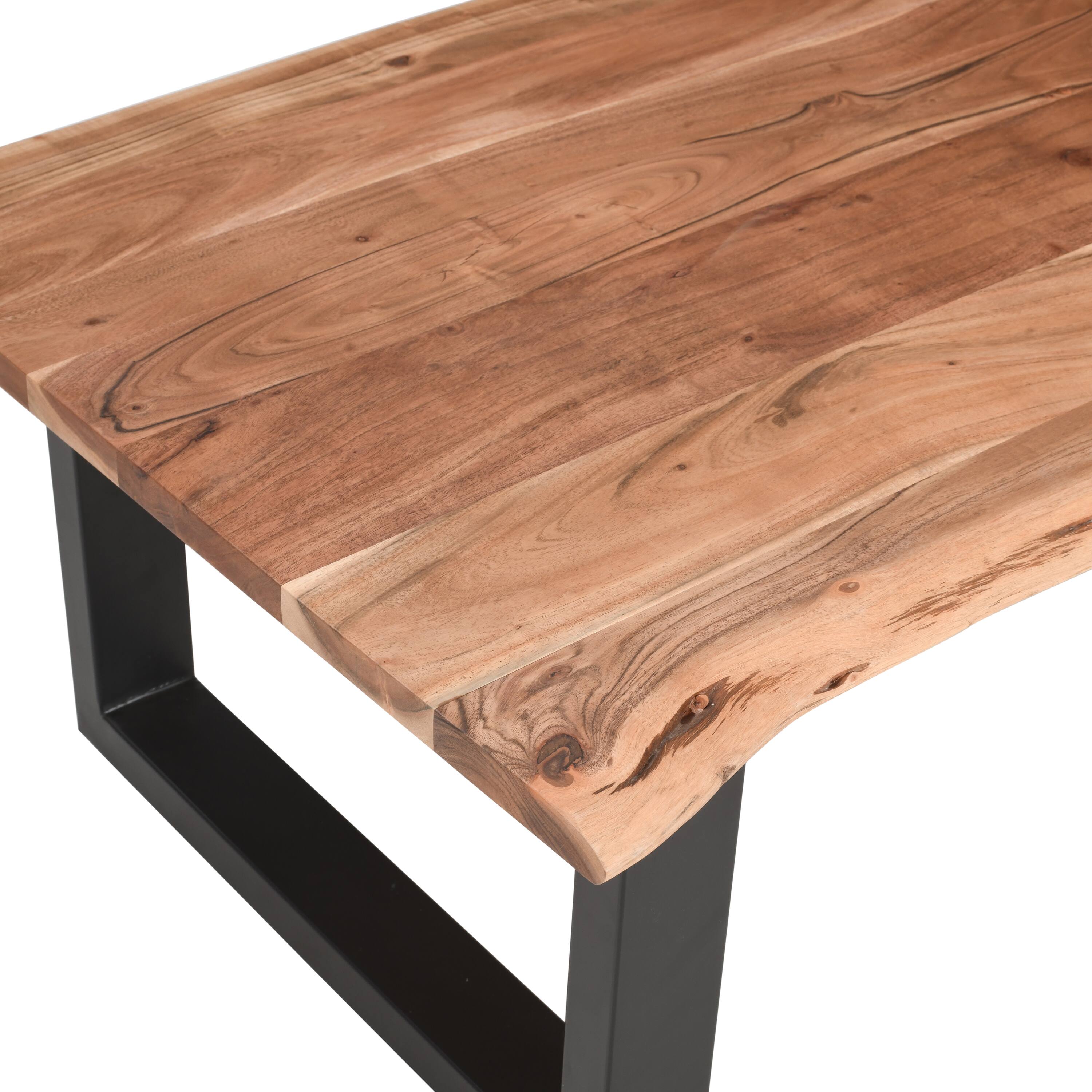 Alt View 3. Manhattan Lane - 45 Inch Acacia Wood Rectangular Coffee Table, Live Edge Details, Black Powder Coated Metal Sled Base - Natural Brown and Black.