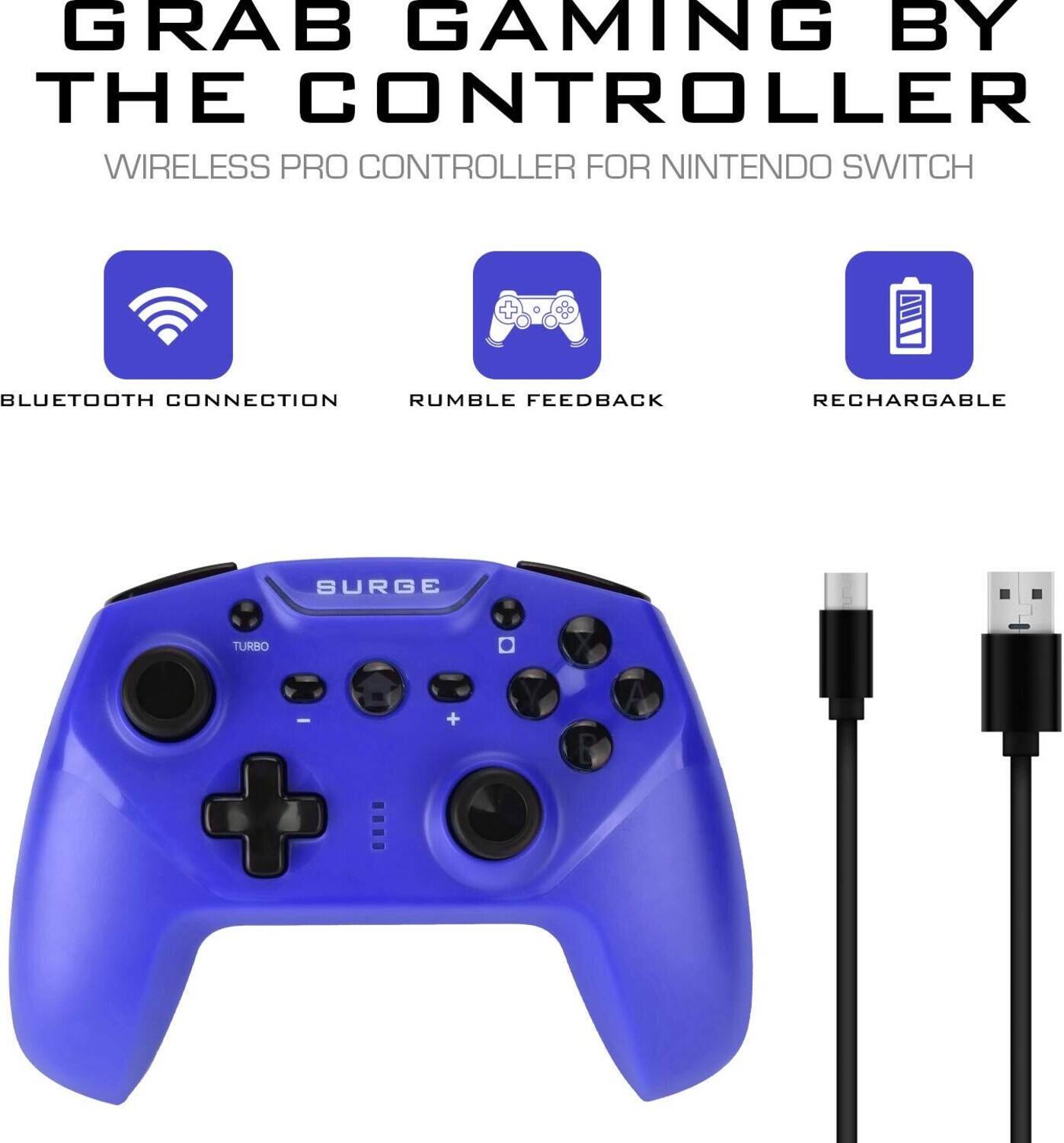 GRAB GAMING BY THE CONTROLLER  
WIRELESS PRO CONTROLLER FOR NINTENDO SWITCH  

- BLUETOOTH CONNECTION  
- RUMBLE FEEDBACK  
- RECHARGEABLE  

SURGE  
TURBO