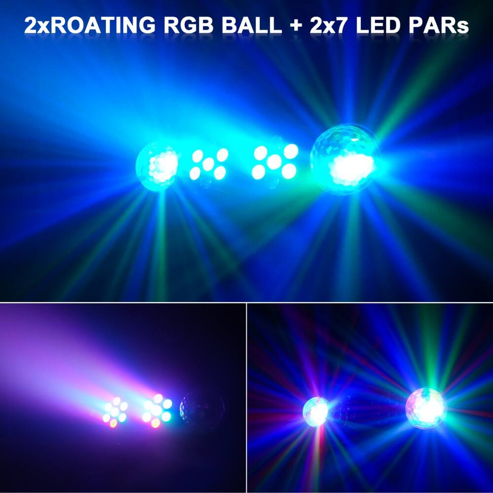 2xROATING RGB BALL + 2x7 LED PARs