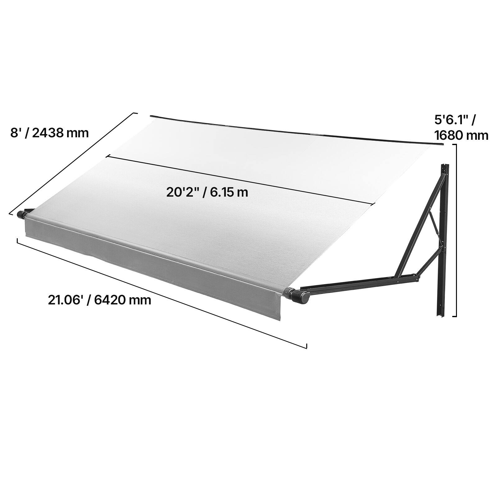 8' / 2438 mm  
5'6.1" / 1680 mm  
20'2" / 6.15 m  
21.06' / 6420 mm