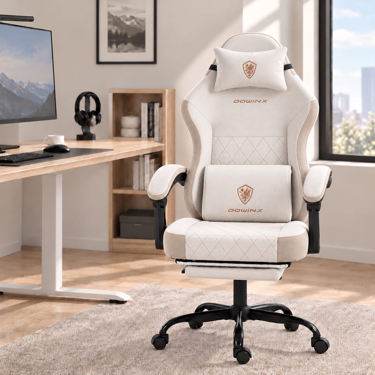 Dowinx - Upgraded ergonomic gaming chair, widened & heightened, lumbar support, reclines, footrest—must-have for work & leisure - Beige