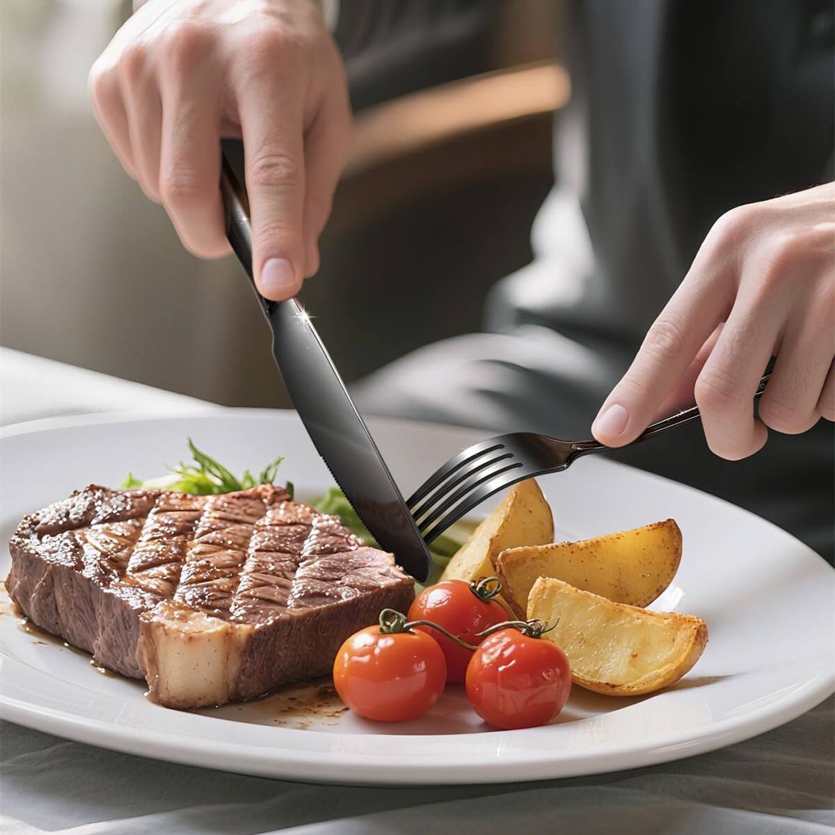 Left. Dazzed Corner - Silverware Set, 40 Piece Stainless Steel Flatware Set for 8 - Black.