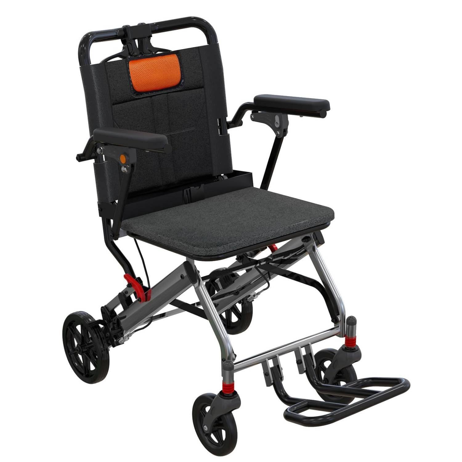 Front. Acekool - 8 inch Ultra-Lightweight Foldable, Portable Transport Wheelchair with Locking Handbrake - Black+Orange.