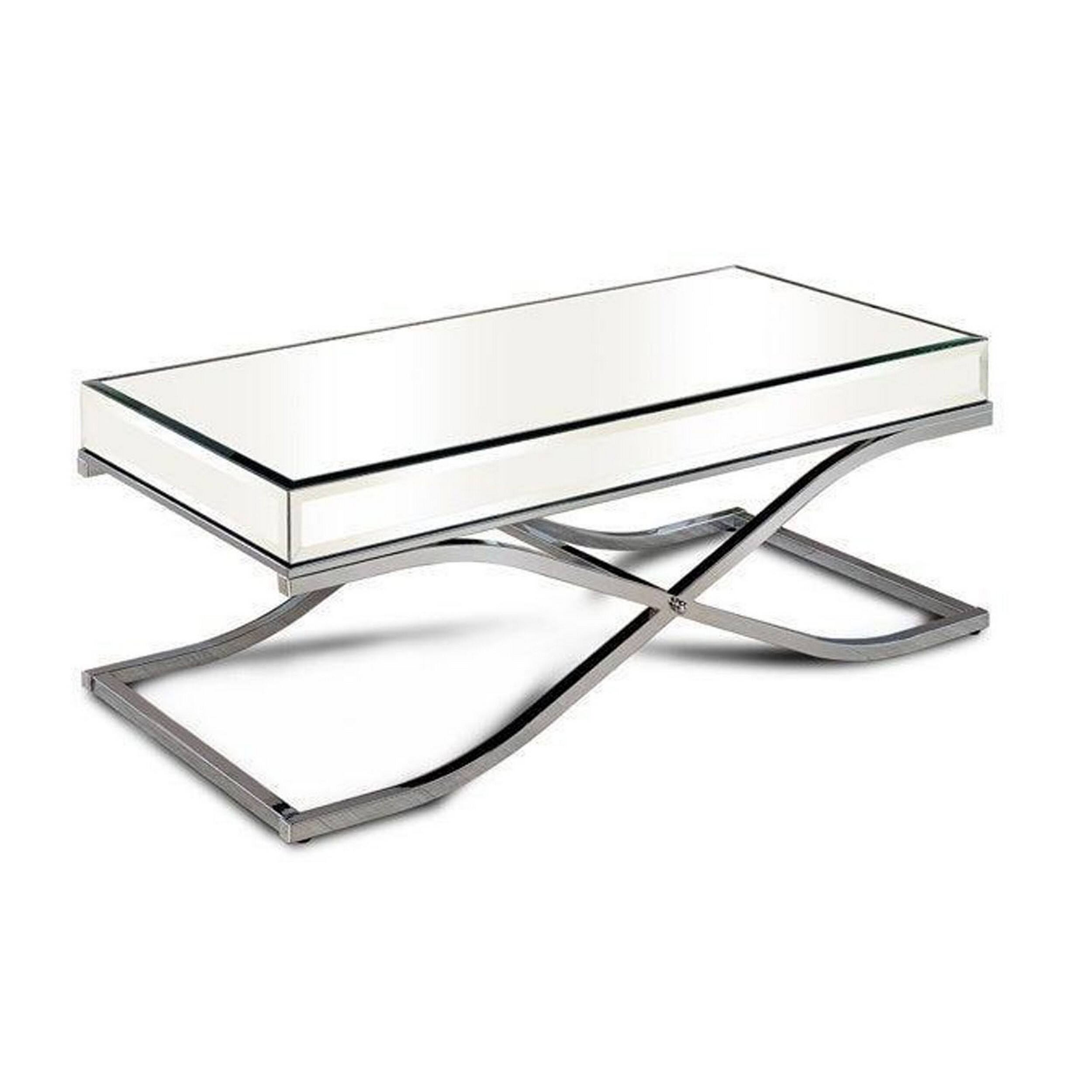 Manhattan Lane - Gavin 48 Inch Coffee Table, Mirrored Panels, Curved Crossed Frame, Chrome - Silver