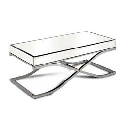 Manhattan Lane - Gavin 48 Inch Coffee Table, Mirrored Panels, Curved Crossed Frame, Chrome - Silver
