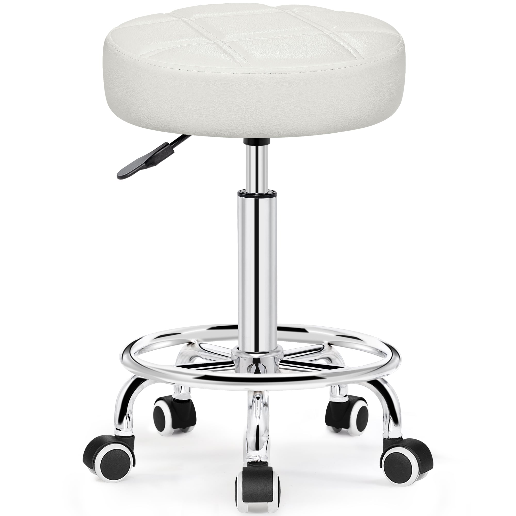 Brick Attic - Rolling Stool with Wheels,PU Leather Small Office Chair with Foot Rest,Versatile Adjustable Swivel Stool for Office Home - White